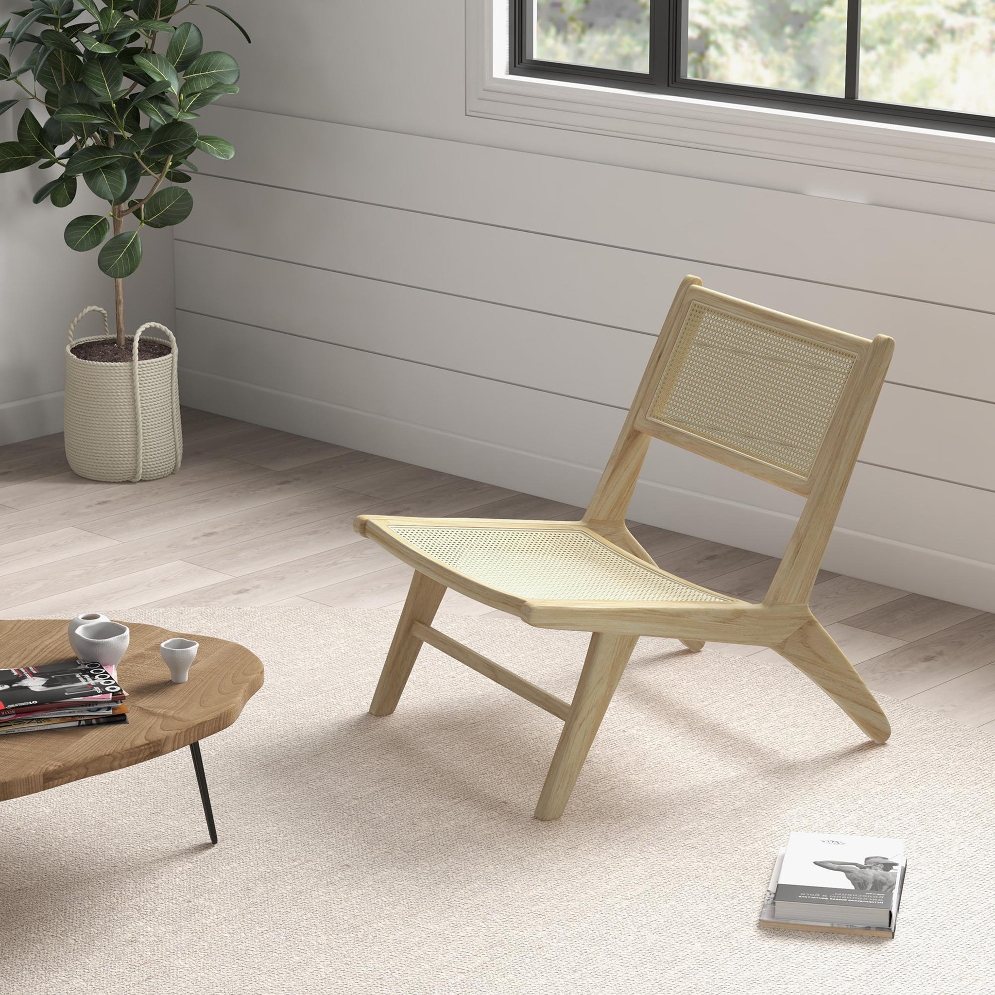 Voir la diapositive 2 : HOMCOM Fauteuil lounge - assise, dossier aspect cannage - assise profonde - bois hévéa