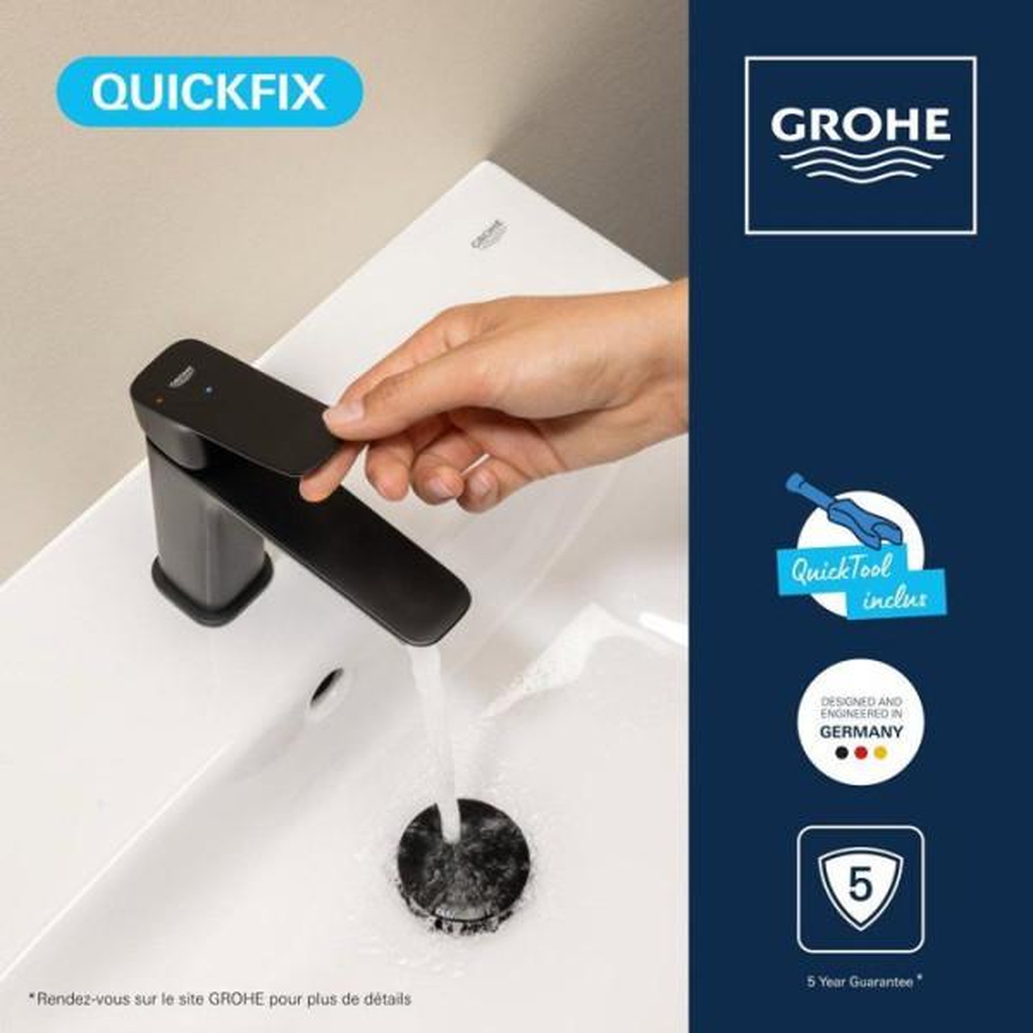 Voir la diapositive 6 : Grohe Mitigeur de lavabo - grohe dice - taille s - cartouche ch3 & vidage clic-clac - noir mat