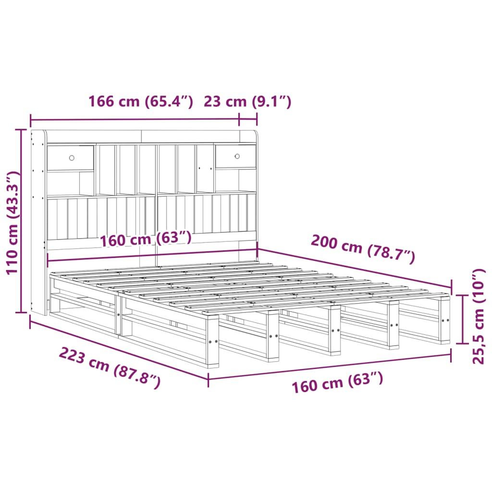 Voir la diapositive 6 : VIDAXL Lit bibliotheque sans matelas cire marron 160x200 cm pin massif
