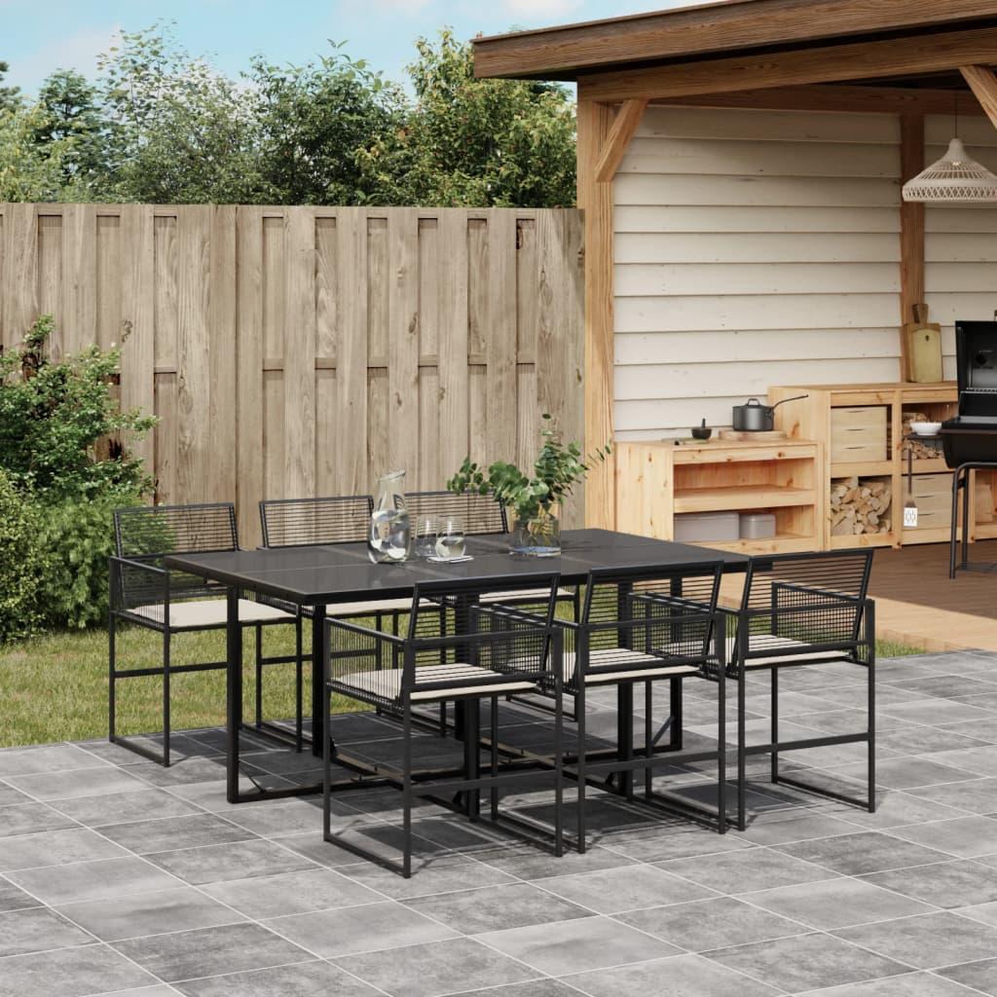 VIDAXL Ensemble a manger de jardin coussins 7 pcs noir resine tressee
