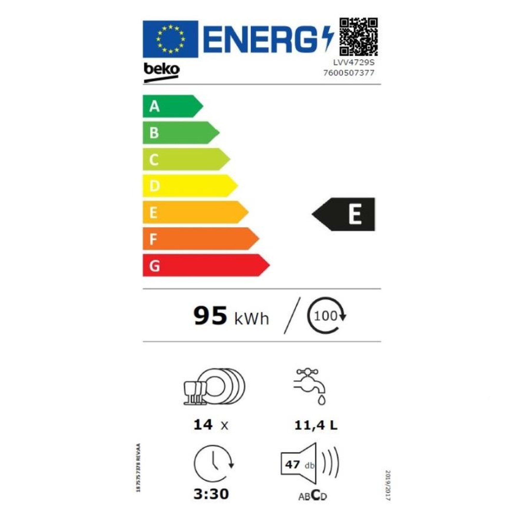Voir la diapositive 2 : Beko Lave-vaisselle 60cm 14 couverts 47db - lvv4729s