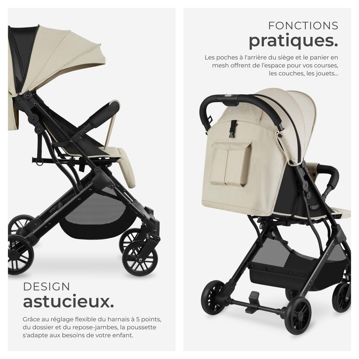 tectake Poussette buggy pliage à une main avec harnais à 5 points, frein de stationnement et arceau de sécurité gris/beige