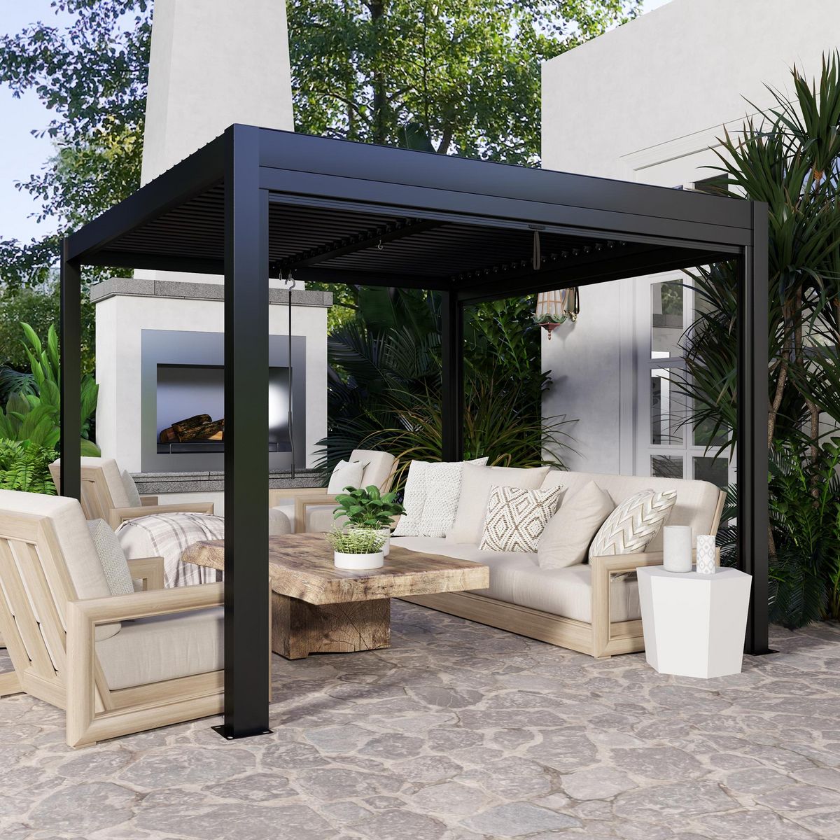 OUTSUNNY Pergola bioclimatique en alu 3 x 3 m - lames orientables 2 parties indépendantes, 2 stores latéraux - anthracite