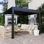 Voir la diapositive 4 : OUTSUNNY Pergola bioclimatique en alu 3 x 3 m - lames orientables 2 parties indépendantes, 2 stores latéraux - anthracite