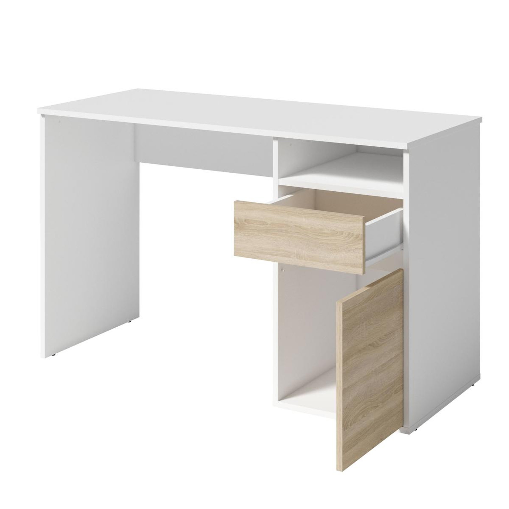 Voir la diapositive 6 : JLC KREATION Bureau moderne blanc et bois 120cm avec rangement albi