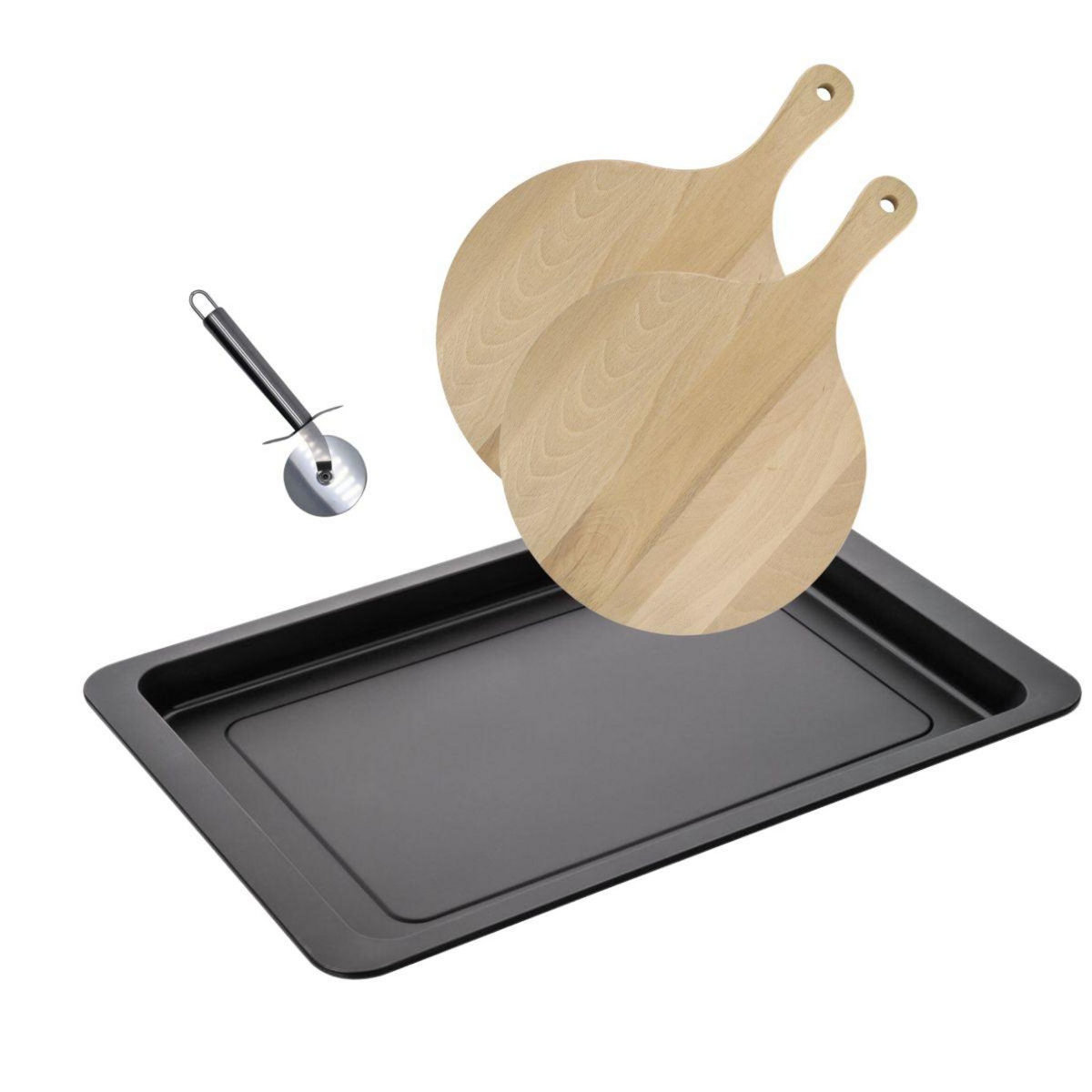 Fackelmann Ensemble pour pizza avec une plaque de cuisson four, 2 planches à pizza rondes et une roulette à pizza Fackelmann