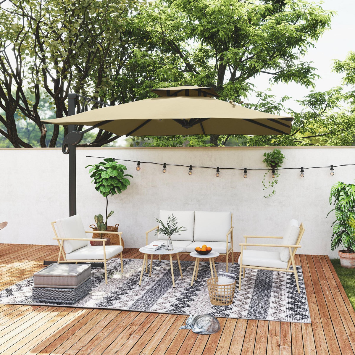 OUTSUNNY Salon de jardin 4 places 5 pcs style exotique coussins inclus grège aspect bambou