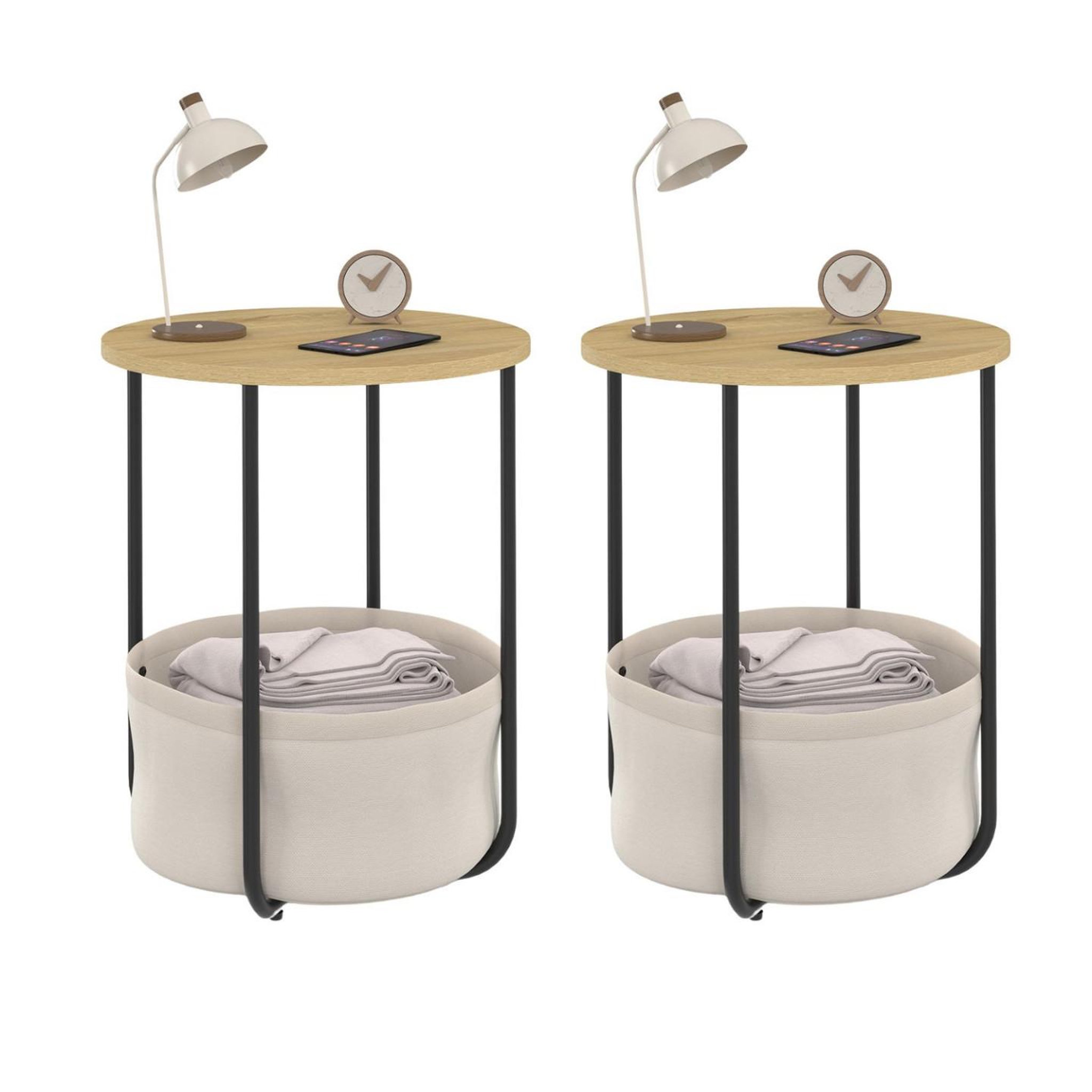ID MARKET Lot de 2 tables de chevet, tables d'appoint, bout de canapé detroit rondes avec panier en tissu design industriel