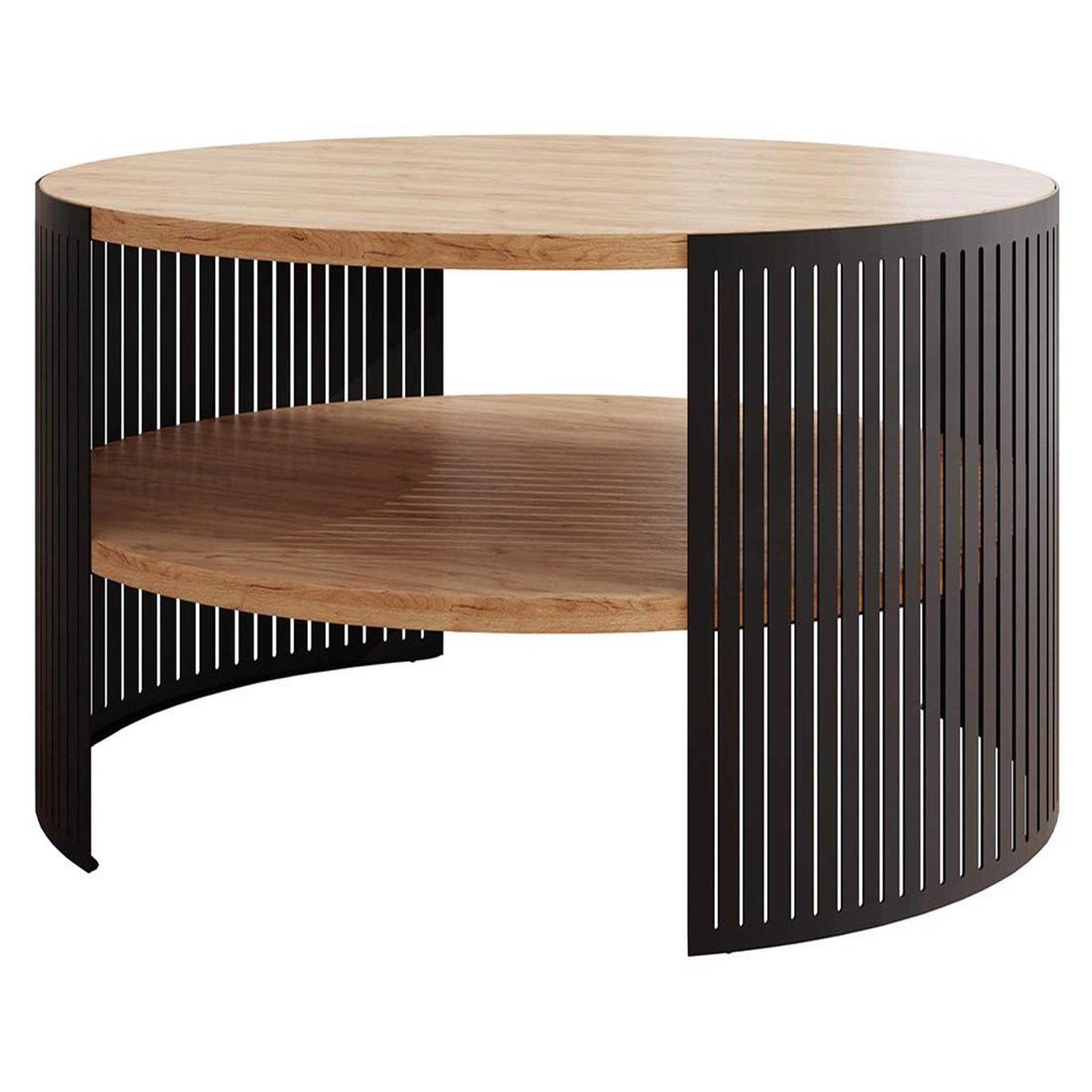 Voir la diapositive 1 : BEST MOBILIER Cruz - table basse ronde - aspect chêne naturel et noir - 1 niche - 75 cm