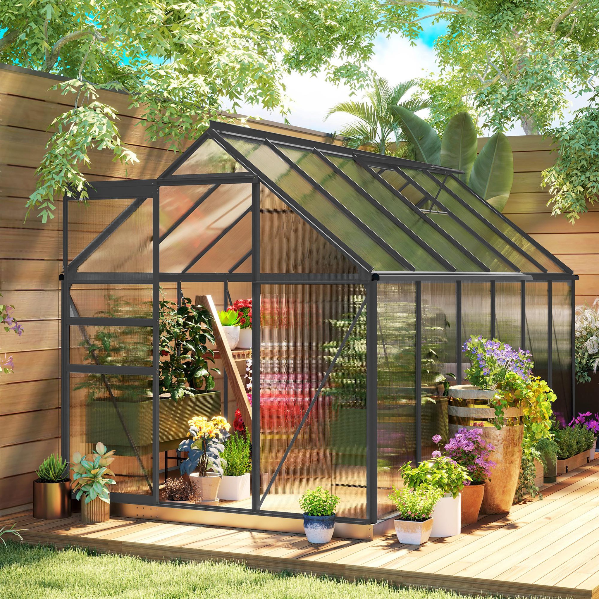 Voir la diapositive 2 : OUTSUNNY Serre de jardin polycarbonate alu 7 m² dim. 3,75l x 1,9l x 1,99h m lucarne réglable fondation porte coulissante gris