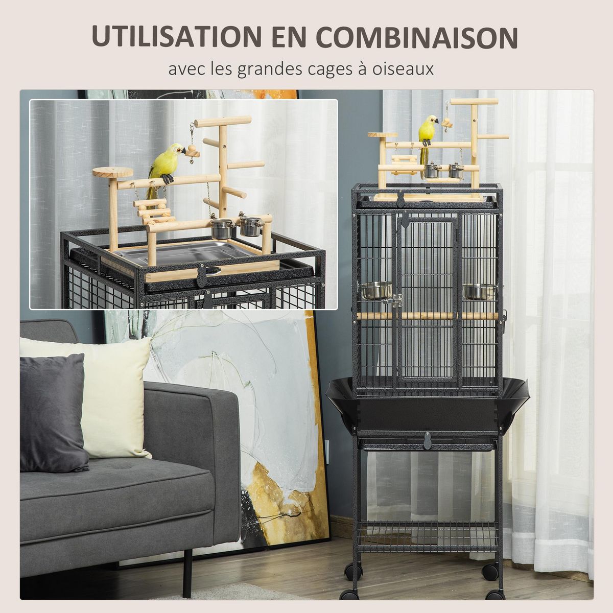 PAWHUT Aire de jeu perchoir pour perroquets, perruches - passerelle, grelot, balançoire, 2 bols, plateau excrément - acier inox. bois de pin