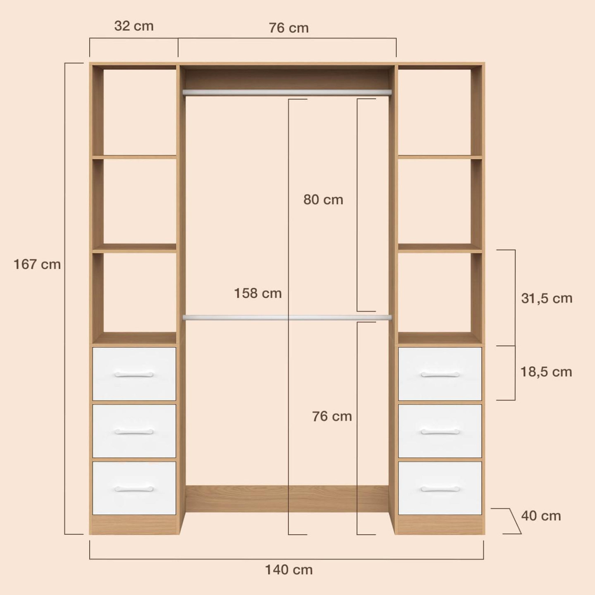 Voir la diapositive 4 : ID MARKET Dressing double penderie + double colonne l. 140 cm uppah avec 6 étagères et 6 bacs en tissu bois et blanc