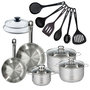 Voir la diapositive 1 : Fackelmann Set 2 poêles 20 24 cm en inox, 2 couvercles verre, 3 faitouts inox 16, 20 et 24 cm et 6 ustensiles RPET Fackelmann Eterna