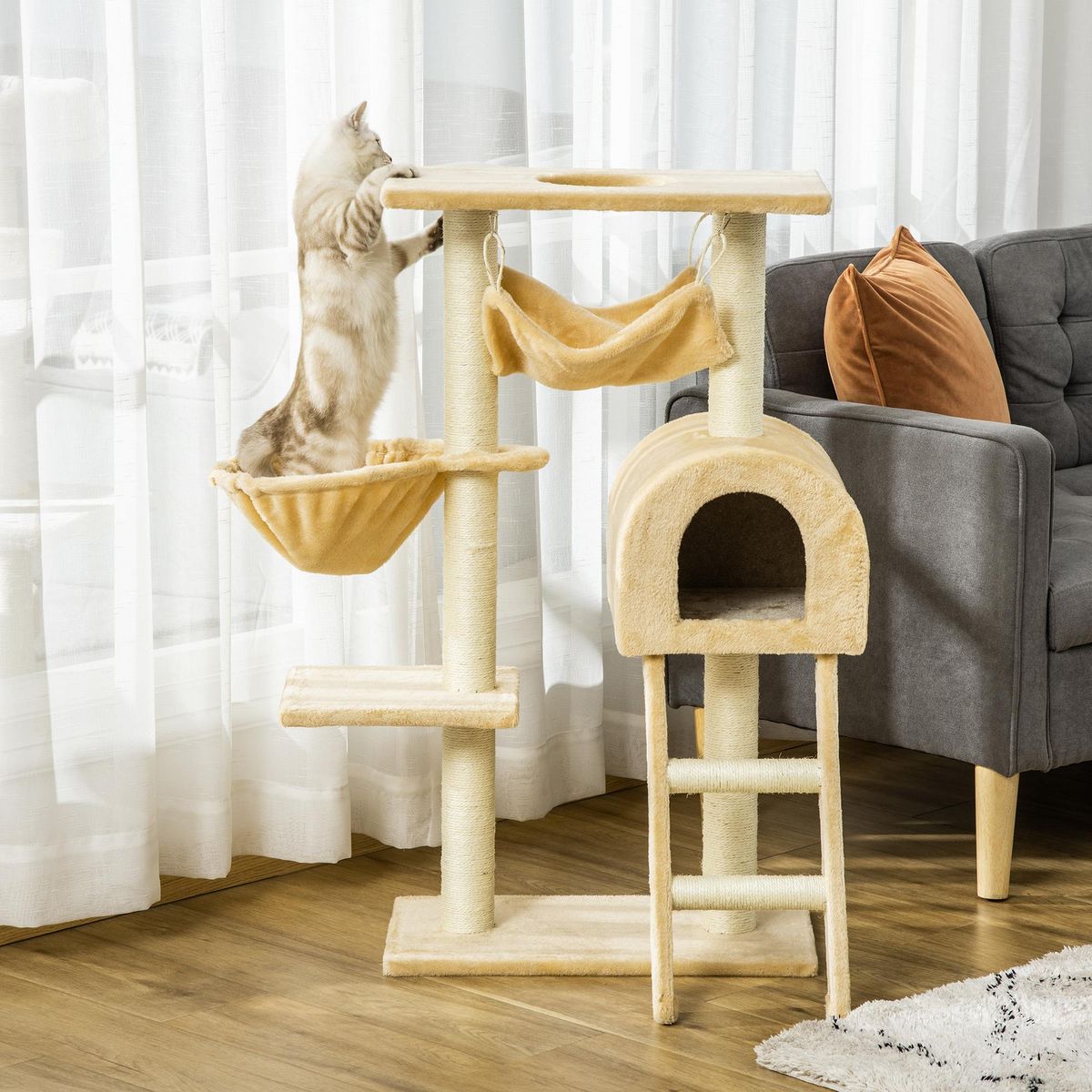 PAWHUT Arbre à chat griffoir arbre à grimper tour de jeu stable à plusieurs niveaux centre d'activités hauteur 98 cm beige