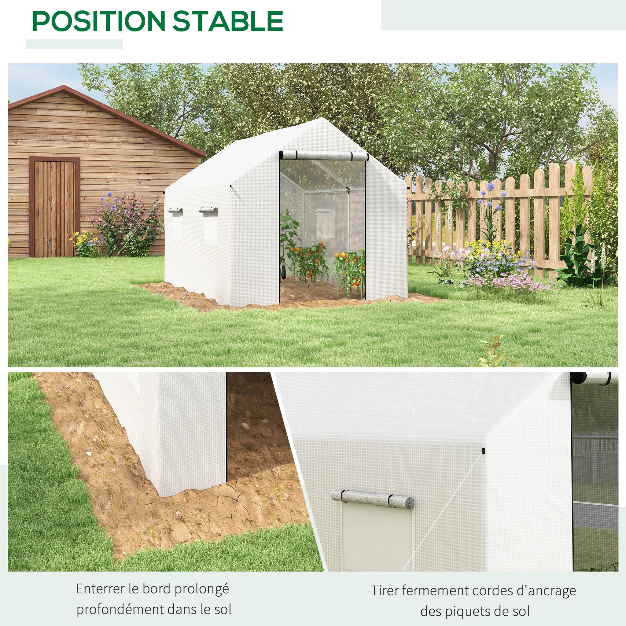 Voir la diapositive 6 : OUTSUNNY Serre de jardin tunnel 6 m² porte 4 fenêtres acier galvanisé pe blanc
