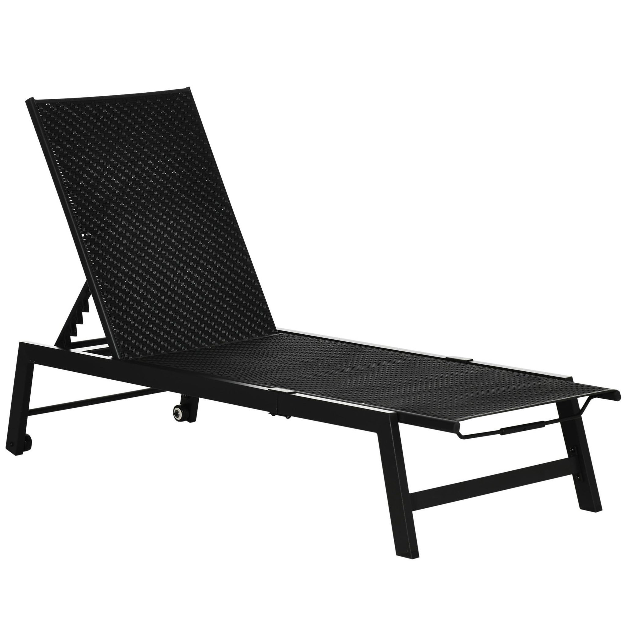 Voir la diapositive 1 : OUTSUNNY Bain de soleil transat grand confort - dossier inclinable 5 positions roulettes - châssis alu. résine tressée noire