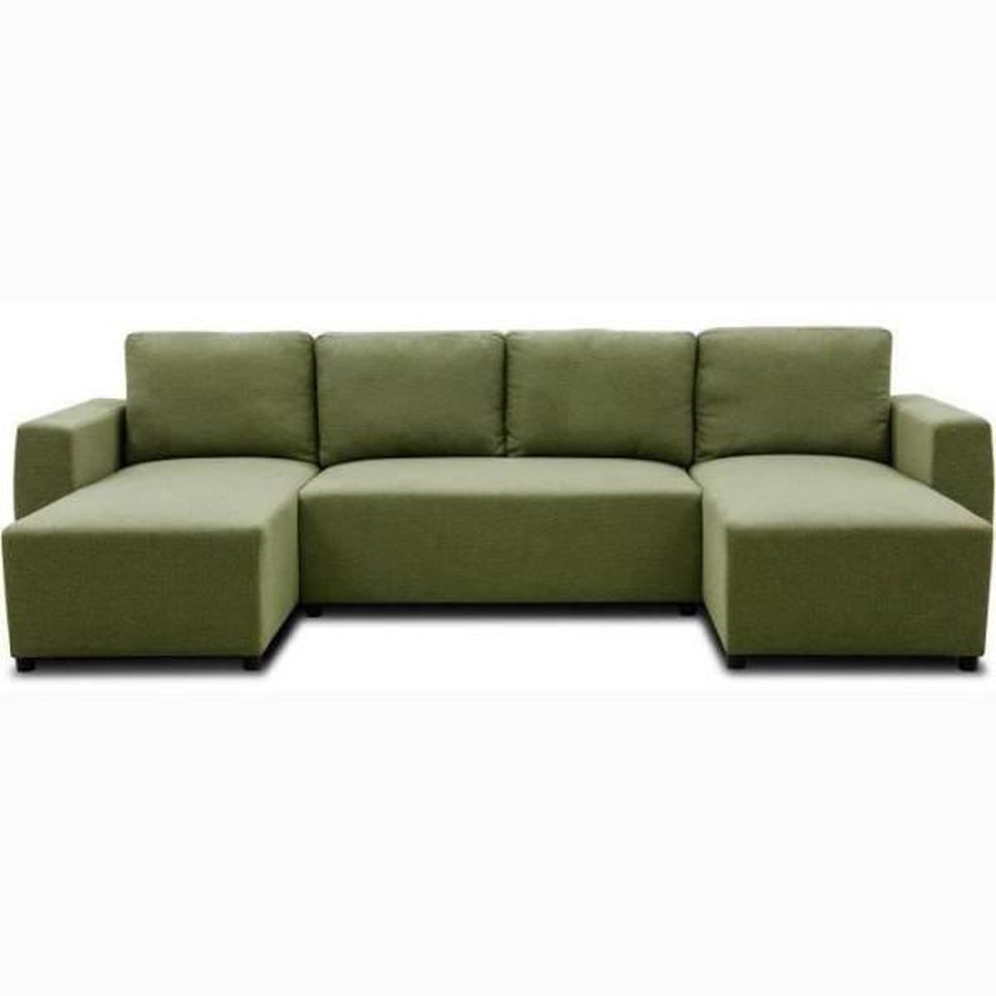 Voir la diapositive 3 : MARKET24 Canapé d'angle convertible panoramique PHARELL 5/6 places - Tissu olive - Coffre de rangement - L297 x P155 x H85 cm