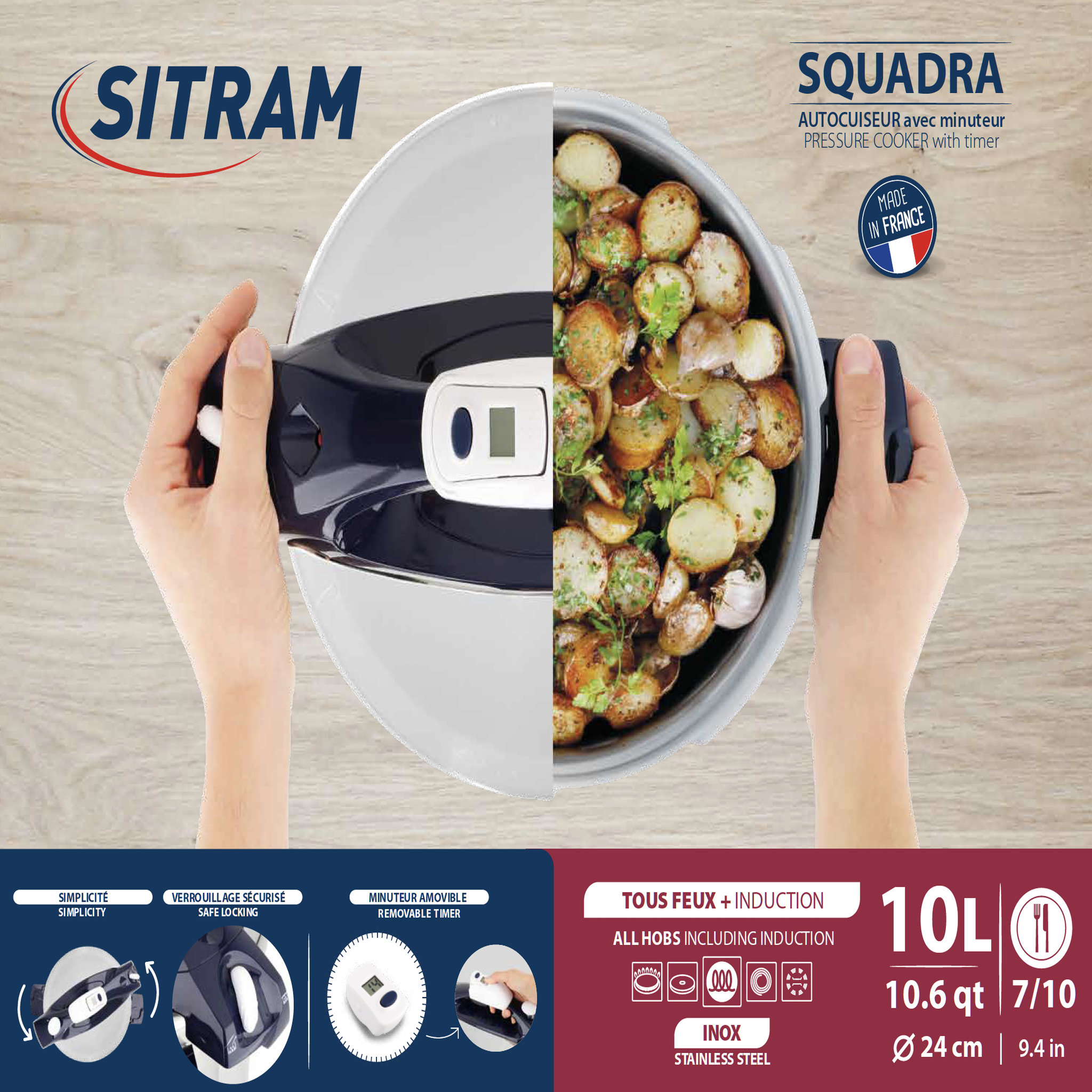 Voir la diapositive 2 : SITRAM Autocuiseur 10L en inox avec panier vapeur