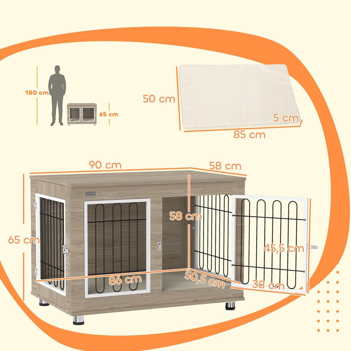PAWHUT Cage pour chien sur pied - 2 portes verrouillables, coussin déhoussable inclus - acier filaire noir panneaux aspect bois brun