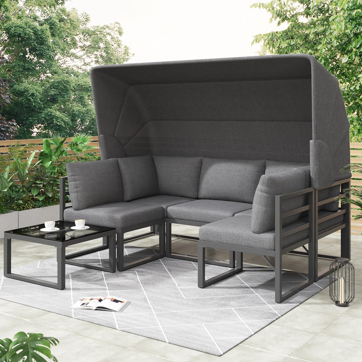 MERAX Salon de jardin 5 places en fer avec table auvent, coussins polyester qualité, gris