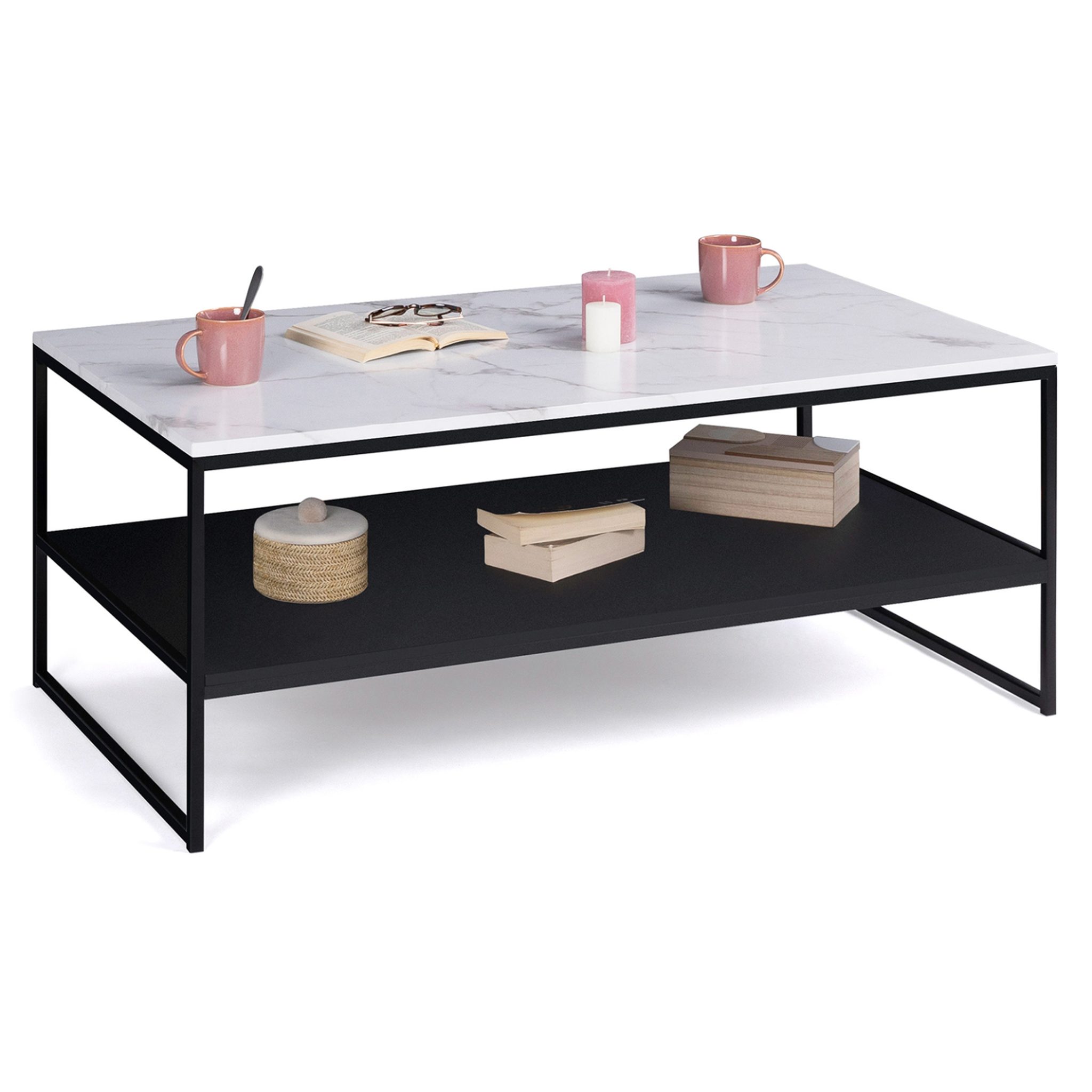 ID MARKET Table basse alaska double plateau effet marbre et noir pieds métal