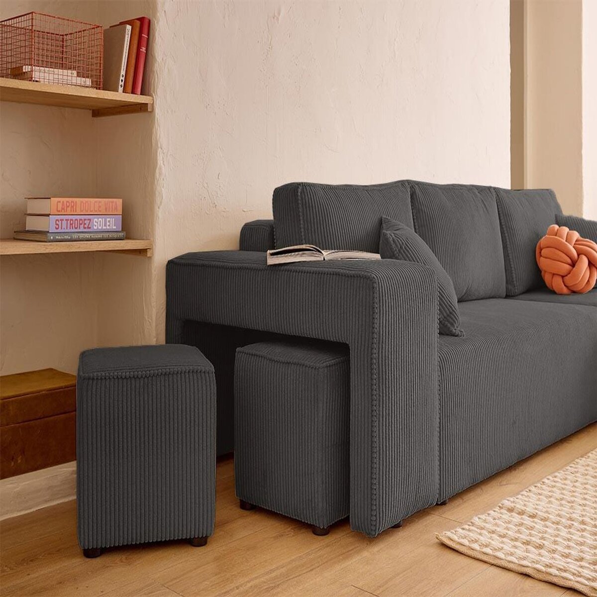 BEST MOBILIER Topaze - canapé d'angle réversible 4 places - convertible avec coffre, tablette et poufs - en velours côtelé