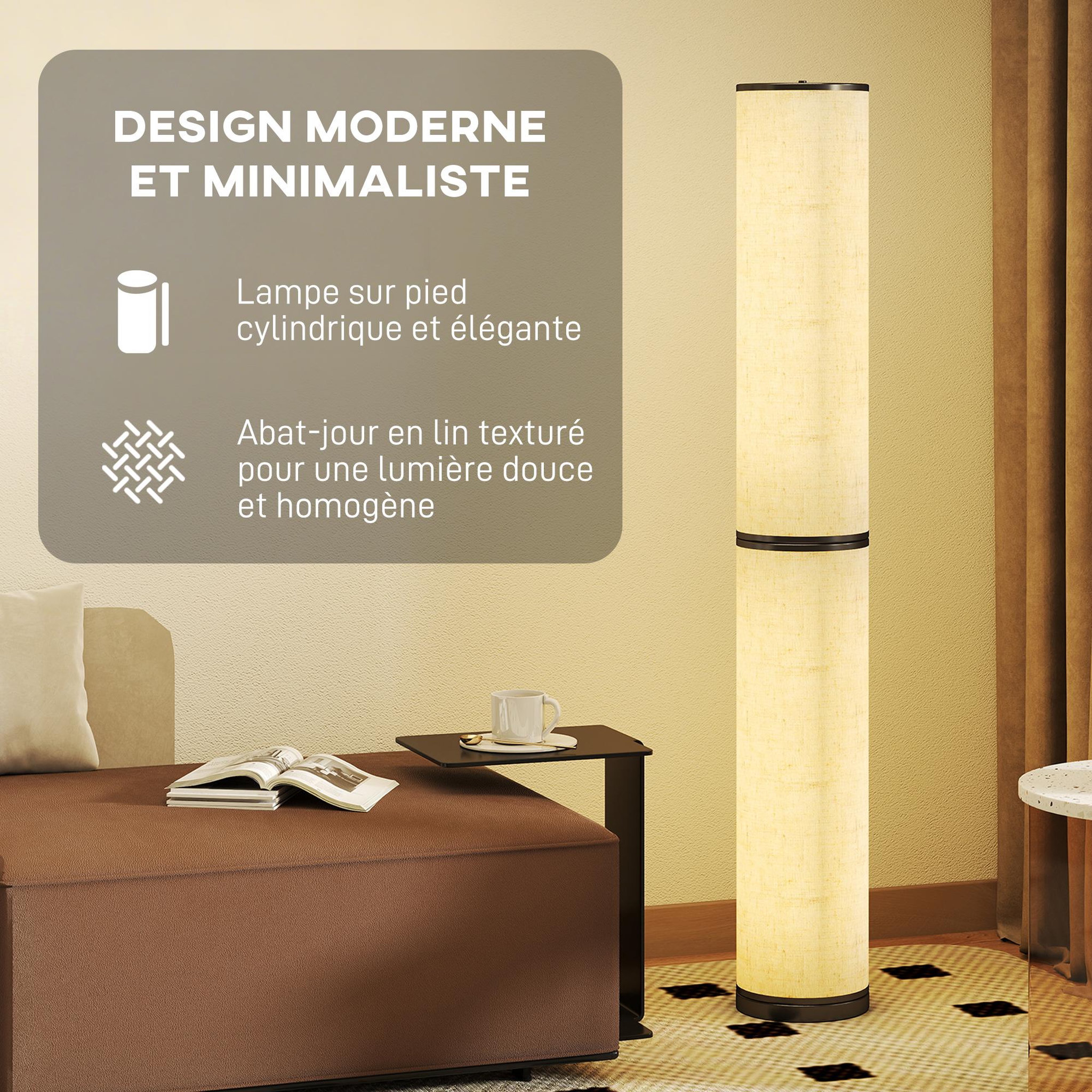 Voir la diapositive 6 : HOMCOM Lampadaire tube led droit dimmable réglable 30w h.135cm avec télécommande acier lin beige