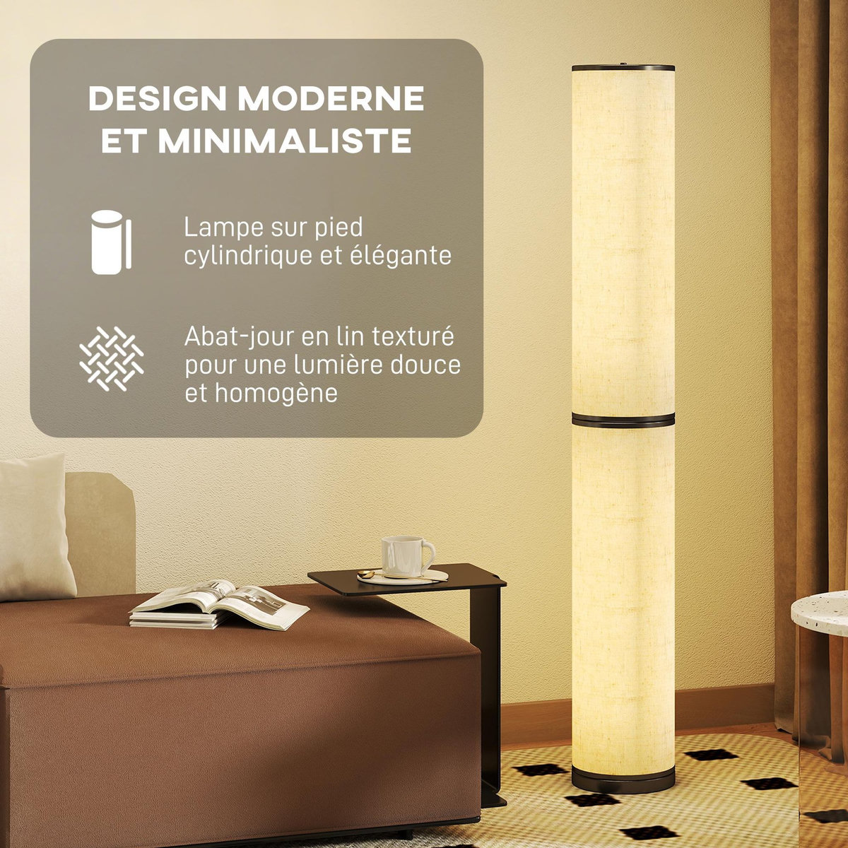 HOMCOM Lampadaire tube LED droit dimmable réglable 30W H.135cm avec télécommande acier lin beige