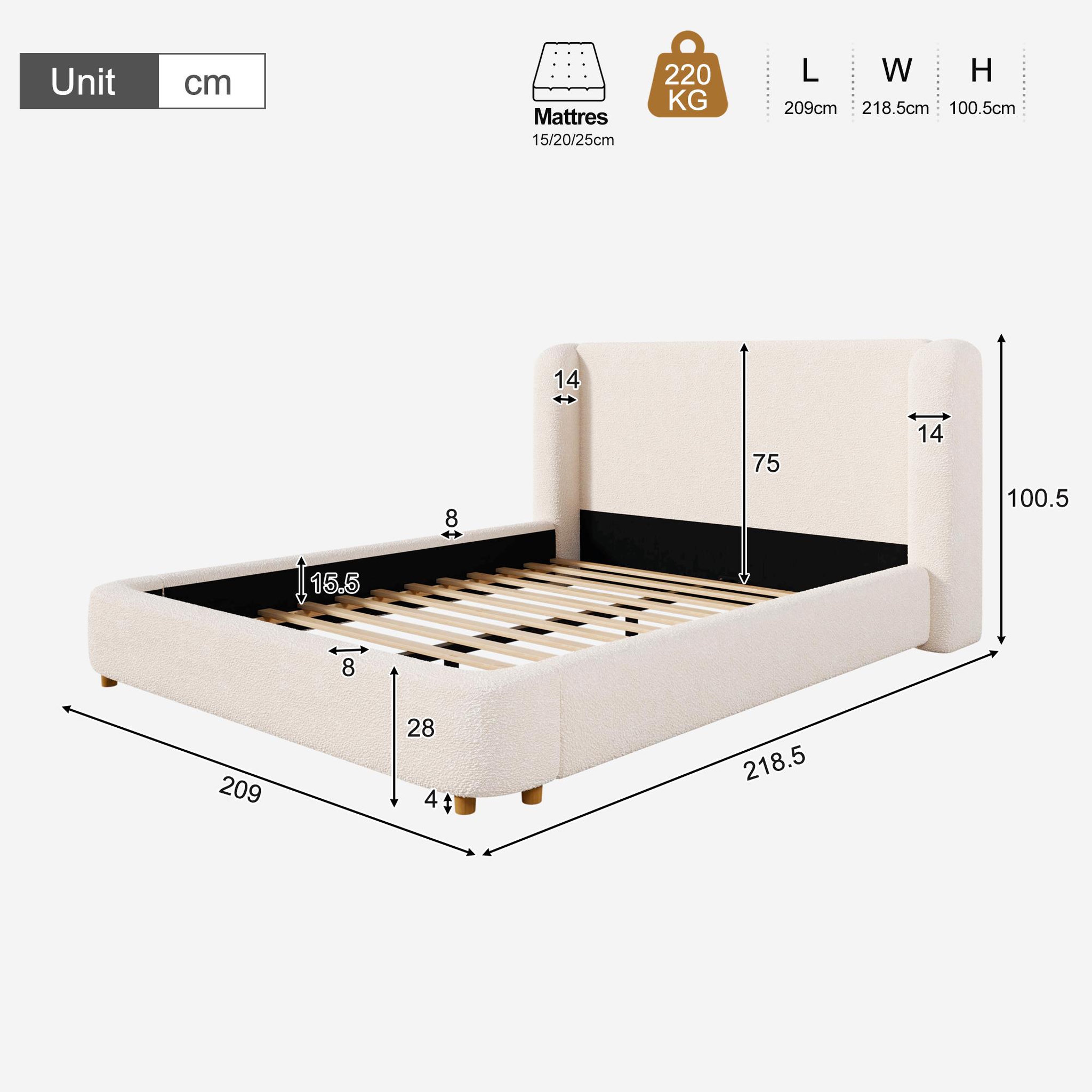 Voir la diapositive 3 : MERAX Lit double 180x200 cm avec sommier à lattes et tête de lit rembourrée, boucle beige
