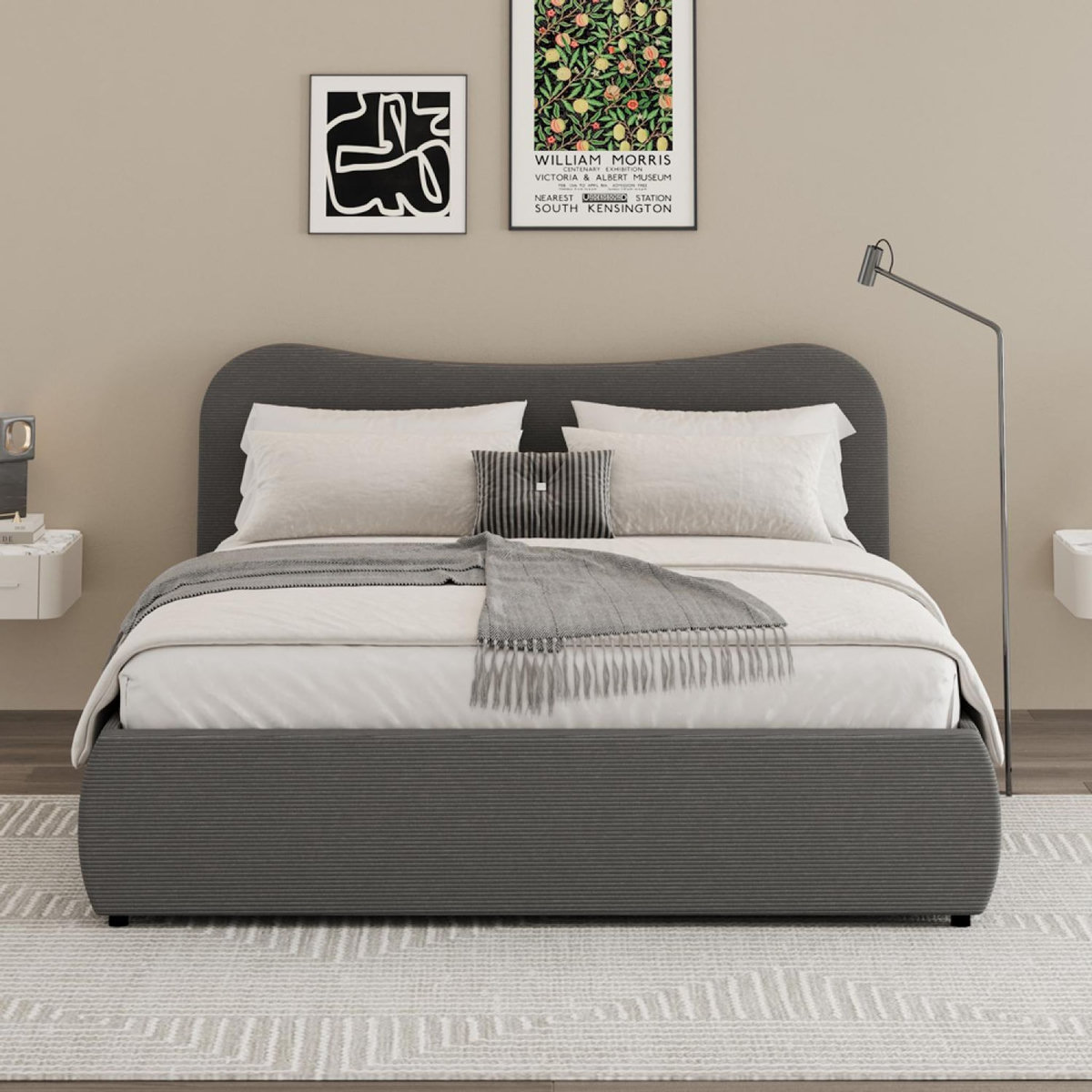 CONCEPT USINE Lit coffre 140x190cm design arrondi velours côtelé gris PLANO