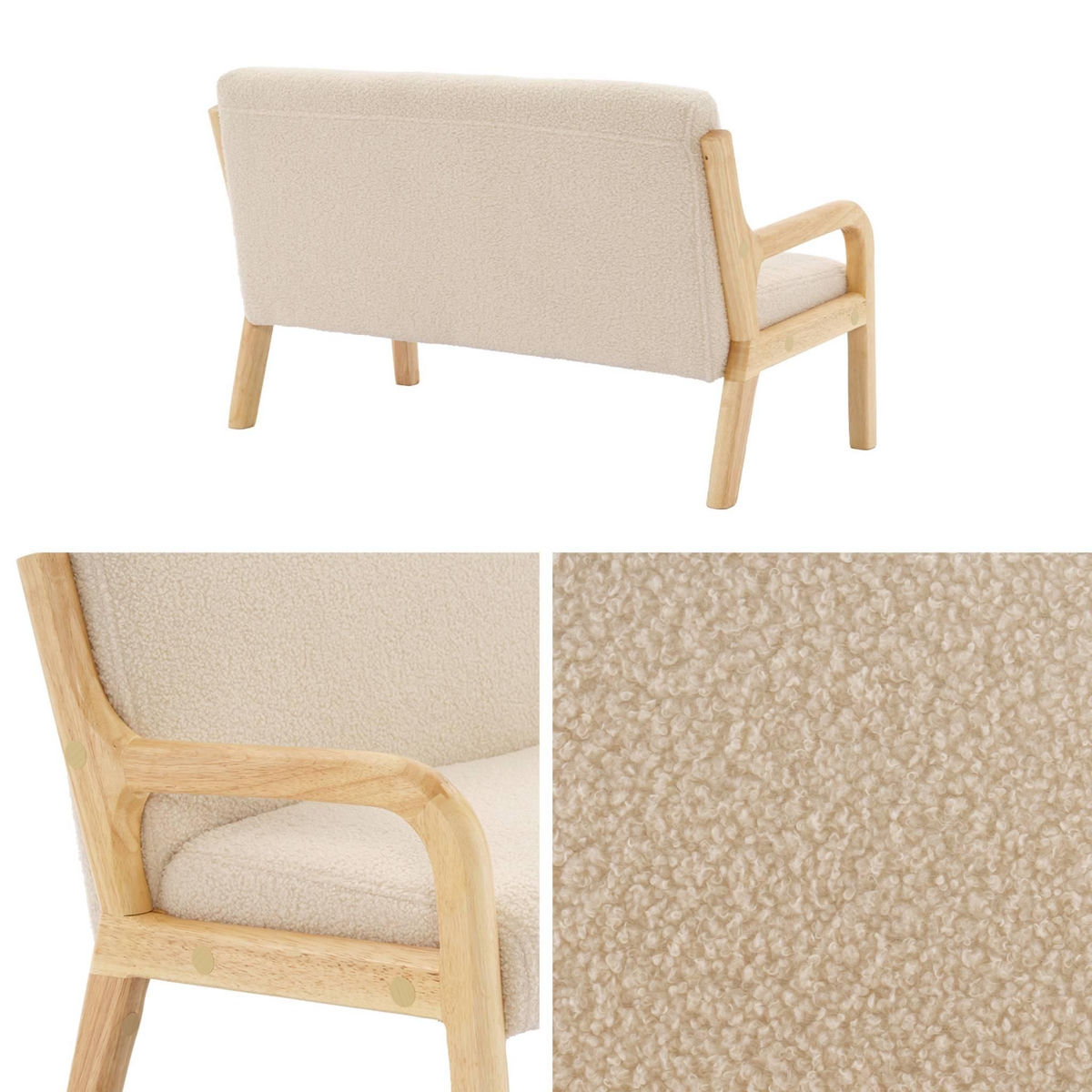 SWEEEK Banquette scandinave enfant en bois et tissu bouclette beige 2 places