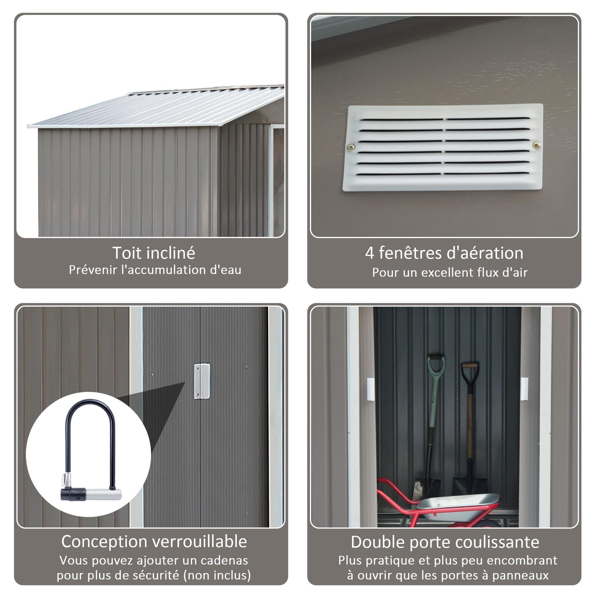 Voir la diapositive 5 : OUTSUNNY Abri de jardin - remise pour outils - cabanon double porte coulissante - fondation incluse - dim. 277L x 191l x 192H cm - tôle d'acier ondulée grise