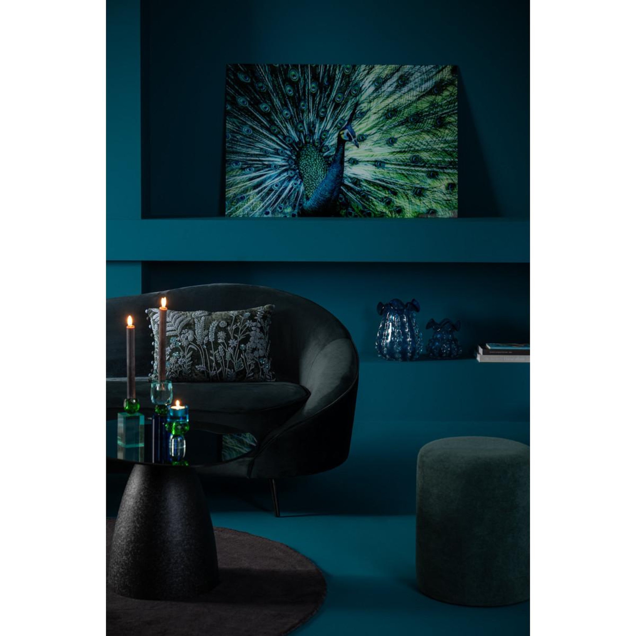 Voir la diapositive 4 : J-LINE Tableau déco en verre  paon  80x120cm bleu