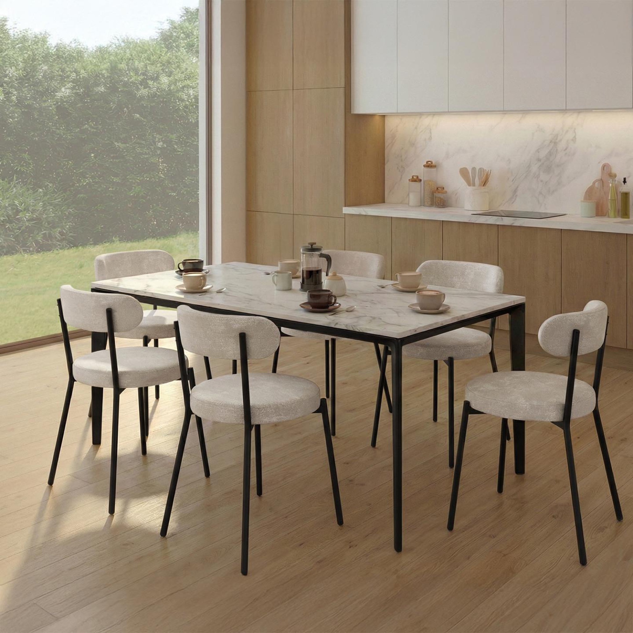 Voir la diapositive 2 : ID MARKET Lot de 6 chaises miki dossier incurvé en tissu chenille écru pieds en métal noir