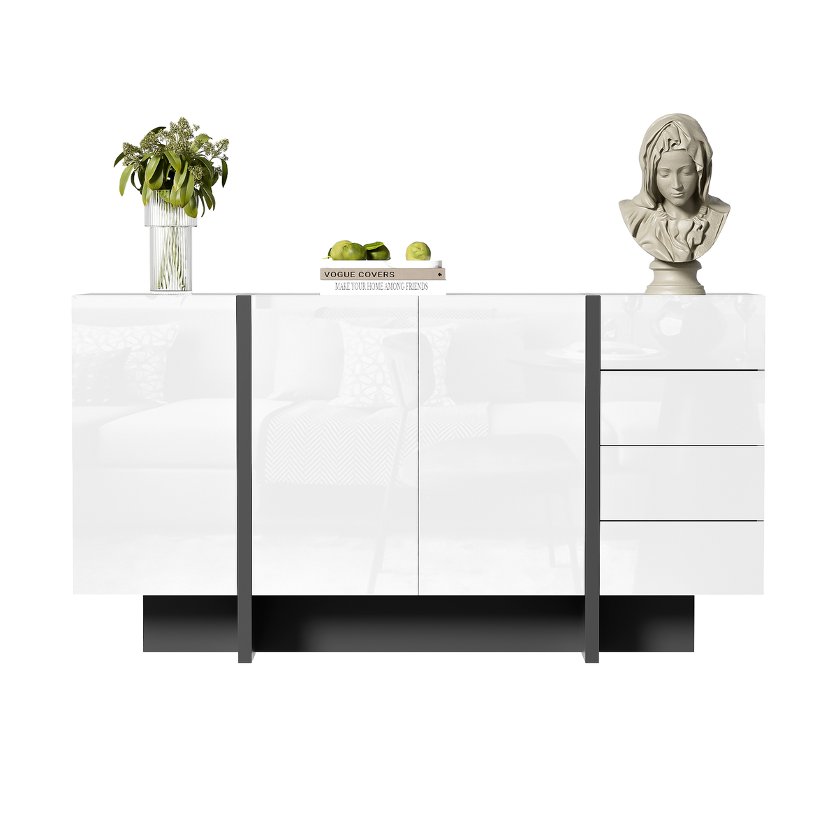 MERAX Buffet 3 porte(s) 4 tiroir(s) - 150 cm blanc+noir mdf