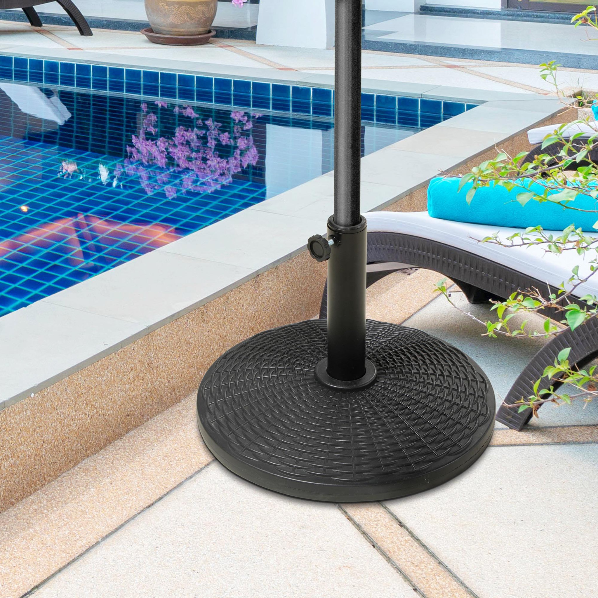 Voir la diapositive 2 : OUTSUNNY Pied de parasol rond base de lestage Ø 44 x 32 cm résine imitation rotin poids net 11 Kg noir