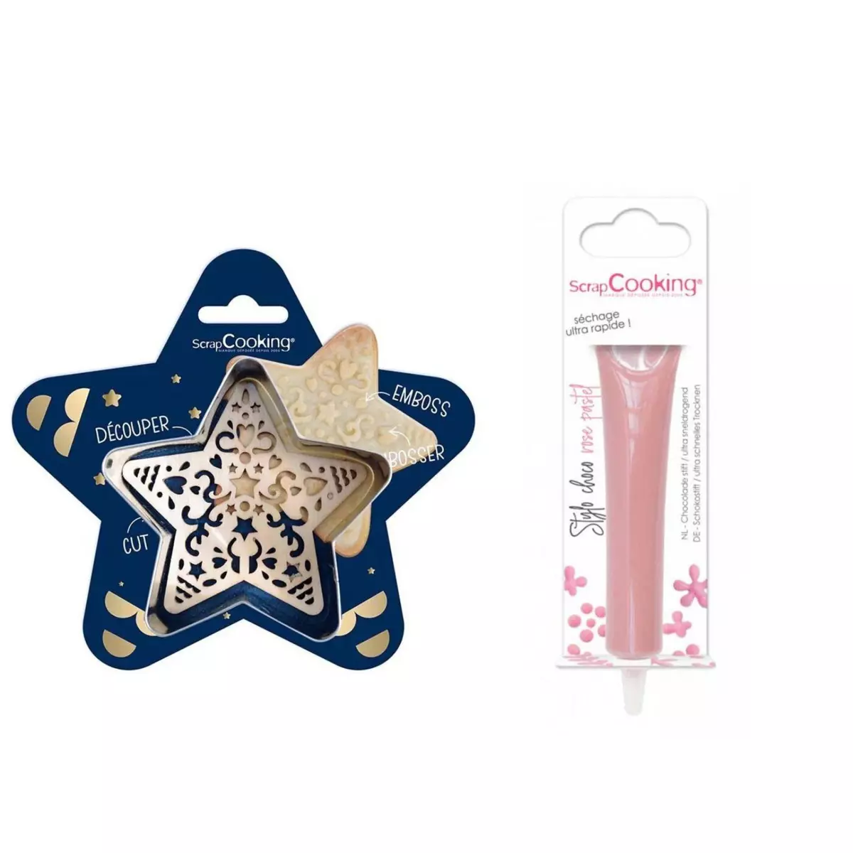 SCRAPCOOKING Kit pour biscuit en relief Étoile + Stylo au chocolat rose pastel