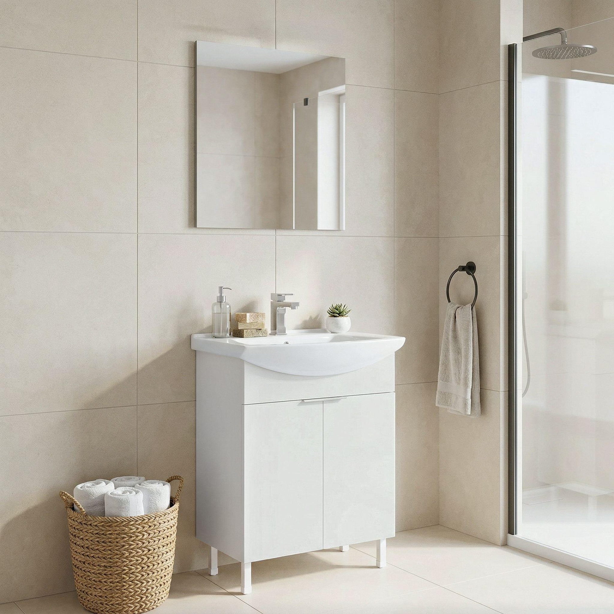 Voir la diapositive 2 : Habitat et Jardin Meuble avec simple vasque et miroir  Purus 65  - 65 x 50 x 83 cm - White