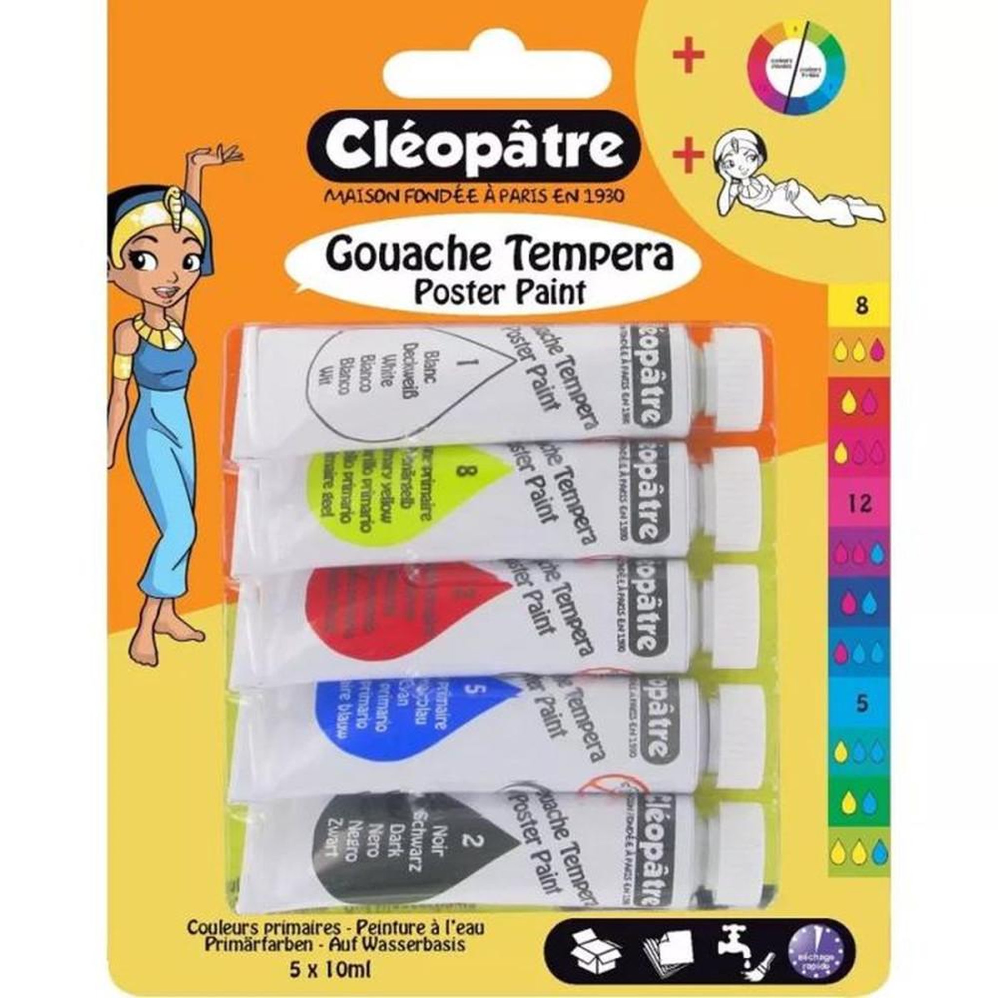 CLÉOPÂTRE Set de gouache en tubes 5 x 10 ml, 5 couleurs : blanc, jaune primaire, magenta, bleu primaire, noir
