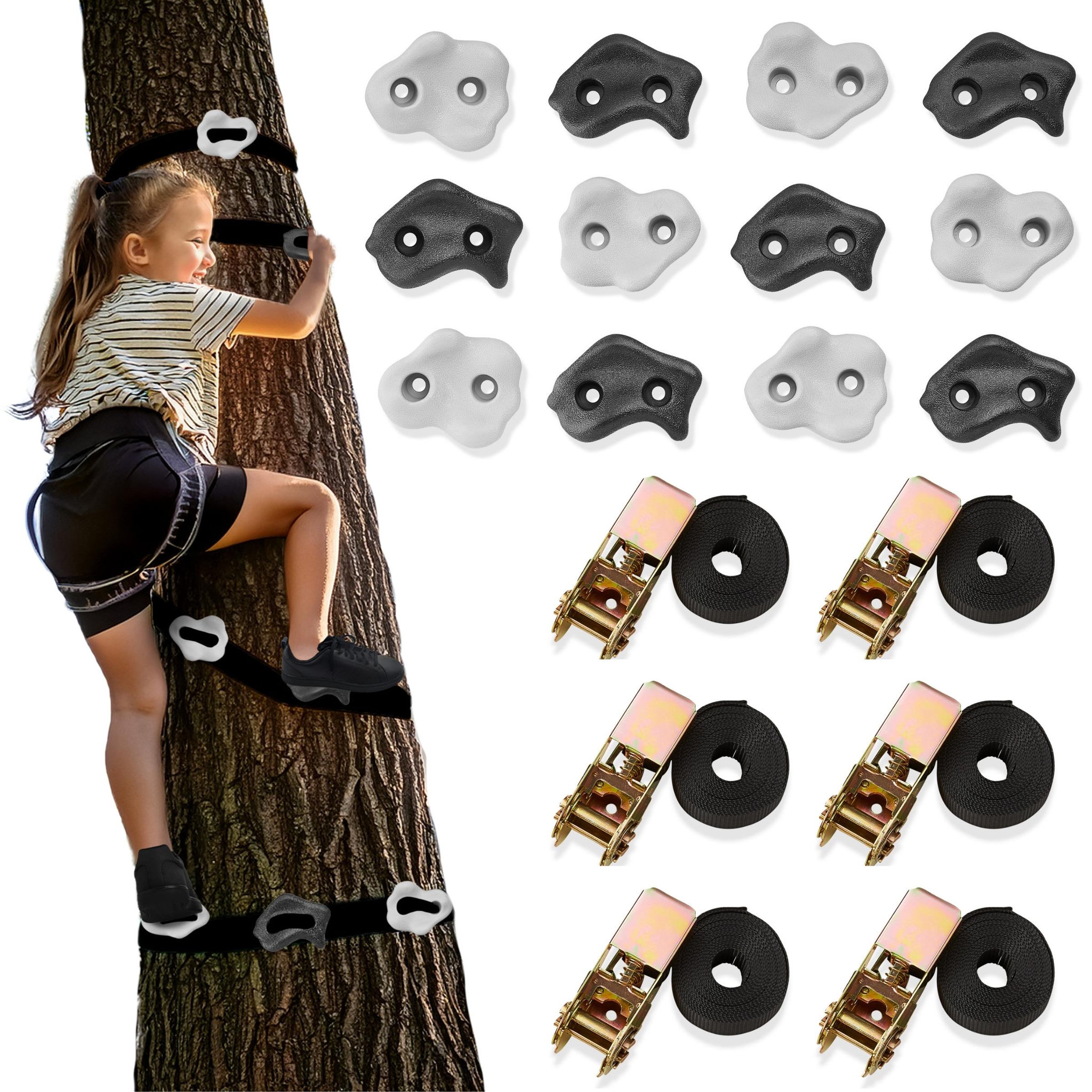 MAMABRUM Kit d'escalade sur Arbre- 12 Prises 6 Sangles avec Cliquets, Max 91 kg, Course d'obstacles Enfants