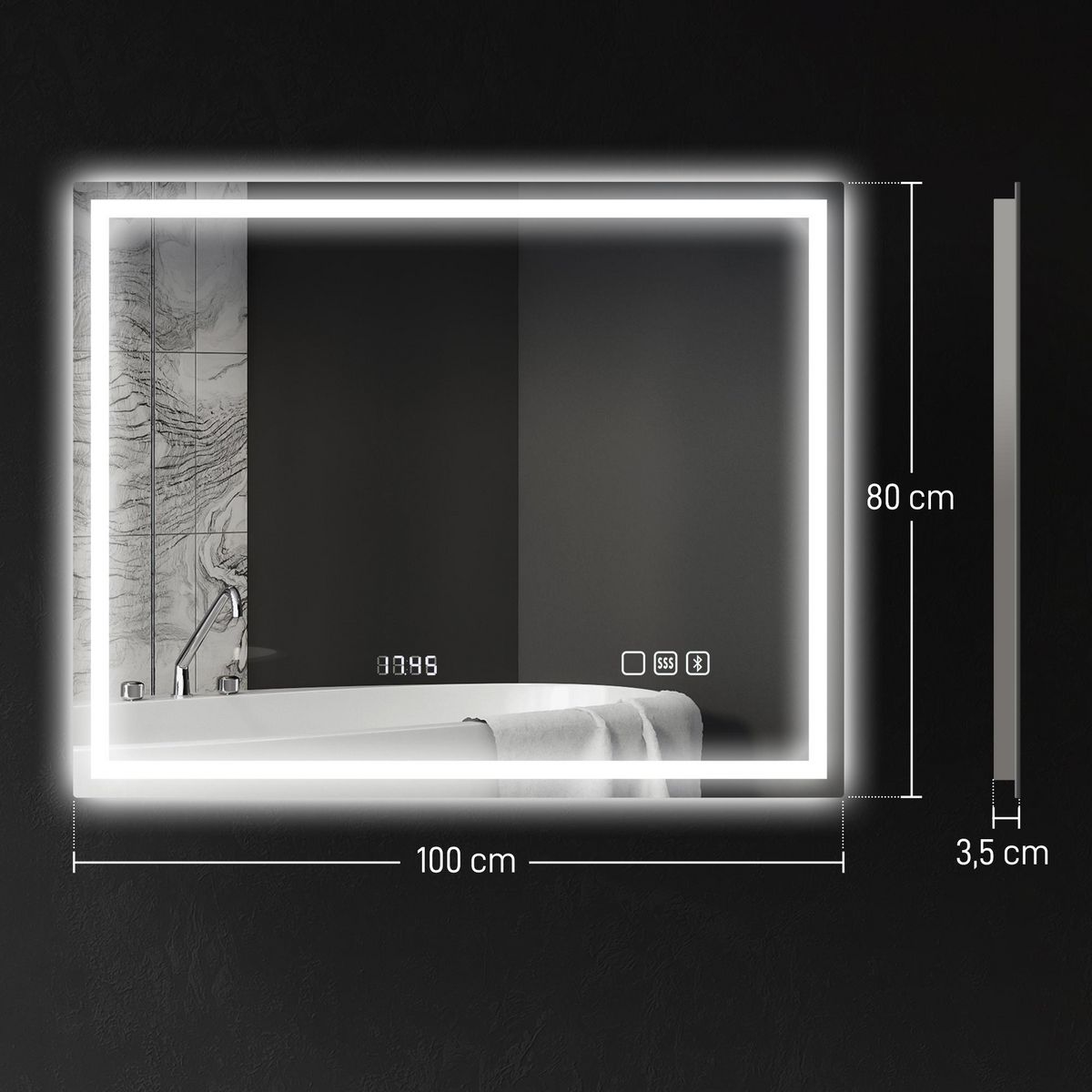 HOMCOM Miroir lumineux LED salle de bain 100 x 80 cm bluetooth interrupteur tactile lumière réglable 3 couleurs fonction anti-buée et mémoire