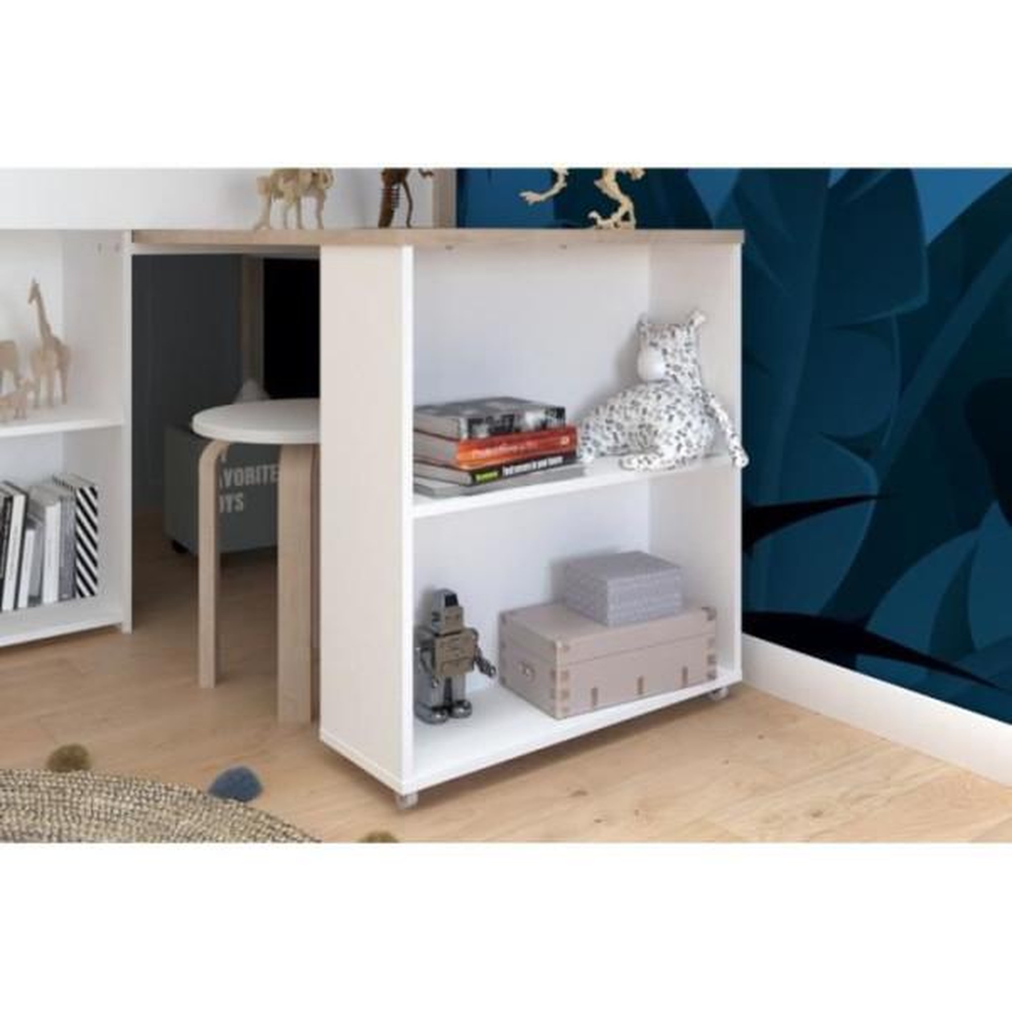 Voir la diapositive 5 : PARISOT Lit combiné enfant avec bureau rétractable - PARISOT - LIAM - Blanc et chene - Sommier inclus - 90x200 cm