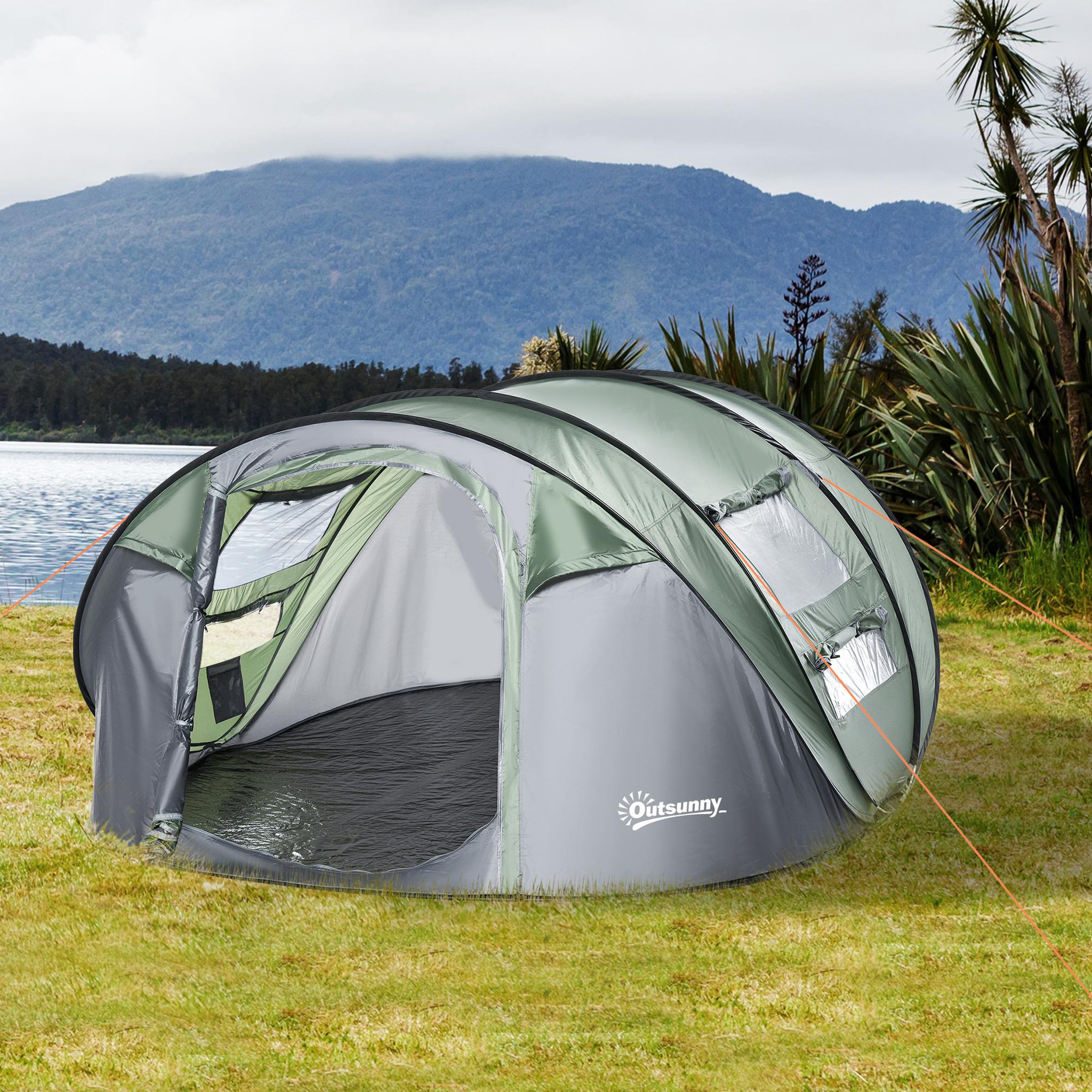 Voir la diapositive 2 : OUTSUNNY Tente de camping 4-5 personnes montage instantanée pop-up 2 portes enroulables 4 fenêtres dim. 2,63L x 2,2l x 1,23H m fibre verre polyester PE vert gris