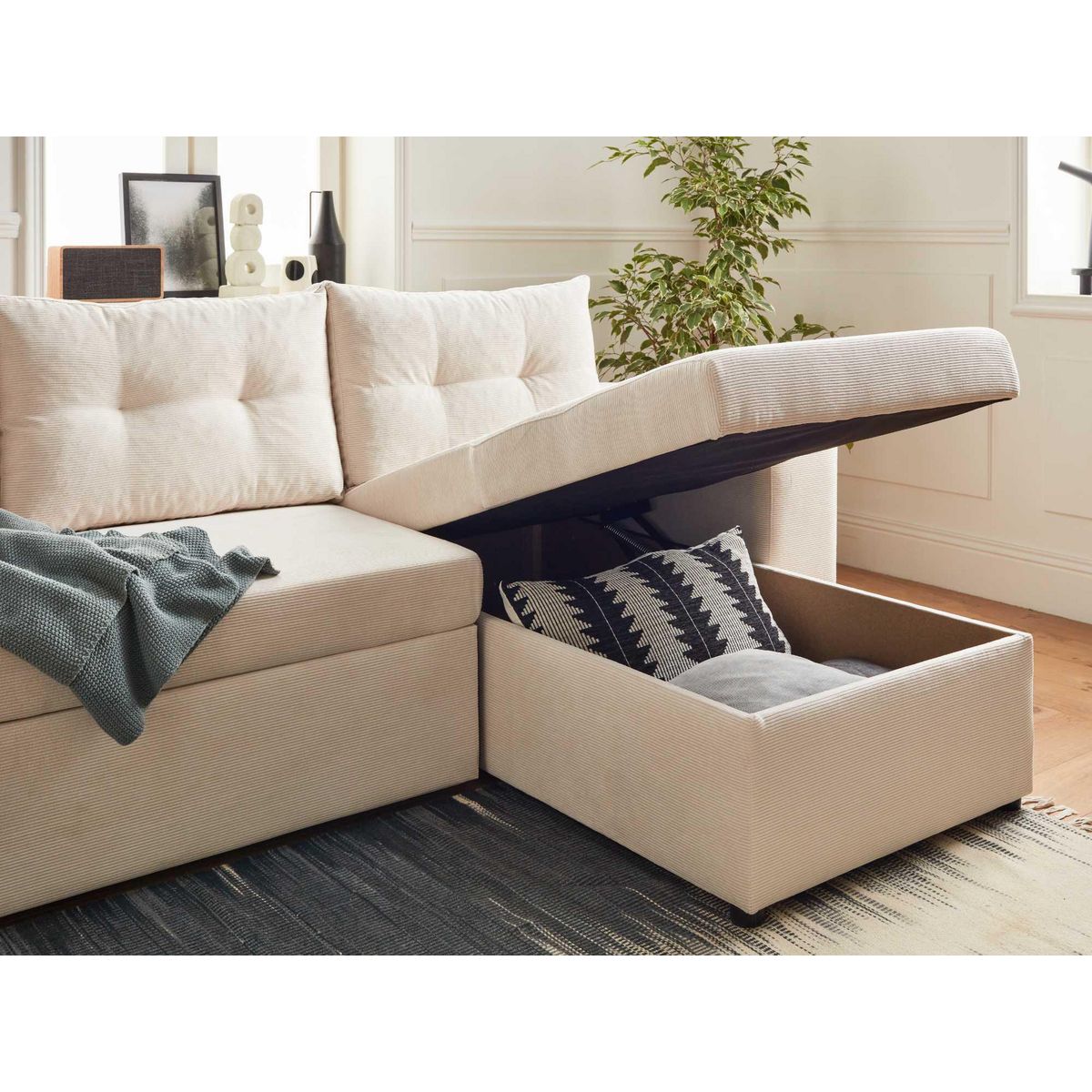 BEST MOBILIER California - canapé d'angle réversible convertible - avec coffre, tablette et poufs - en velours côtelé - 4 places