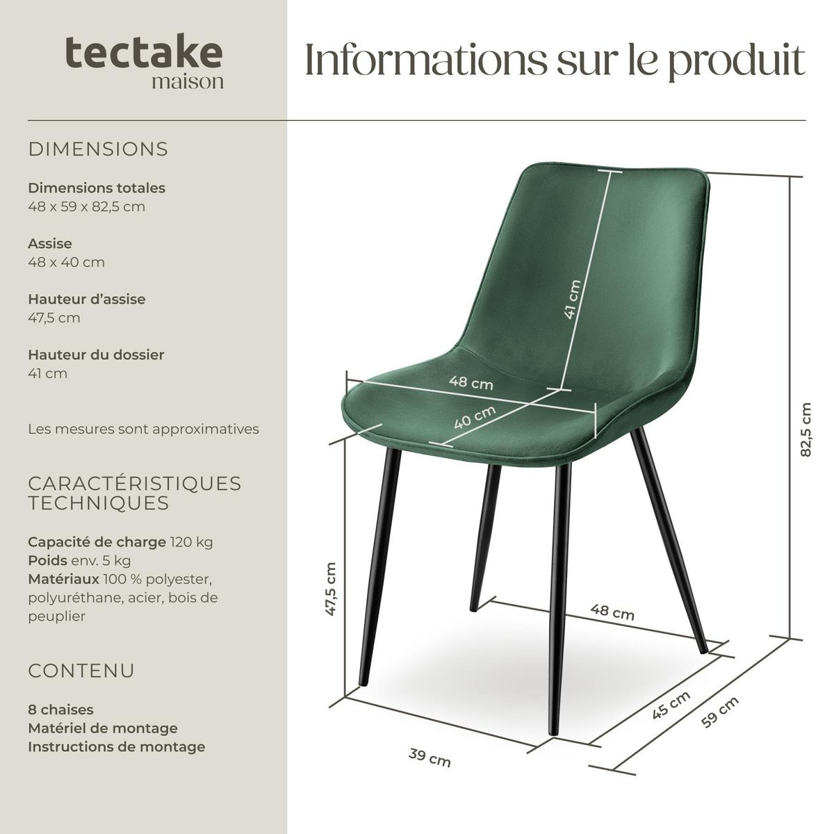 tectake Lot de chaises rembourrées aspect velours vert foncé Lot de 8