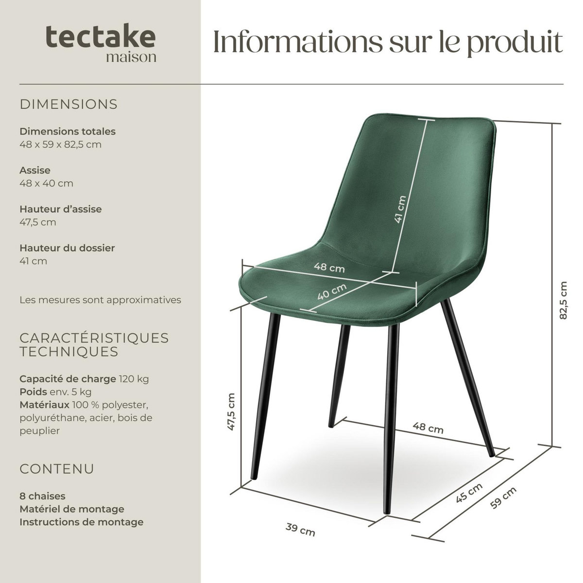 tectake Lot de chaises rembourrées aspect velours vert foncé Lot de 8