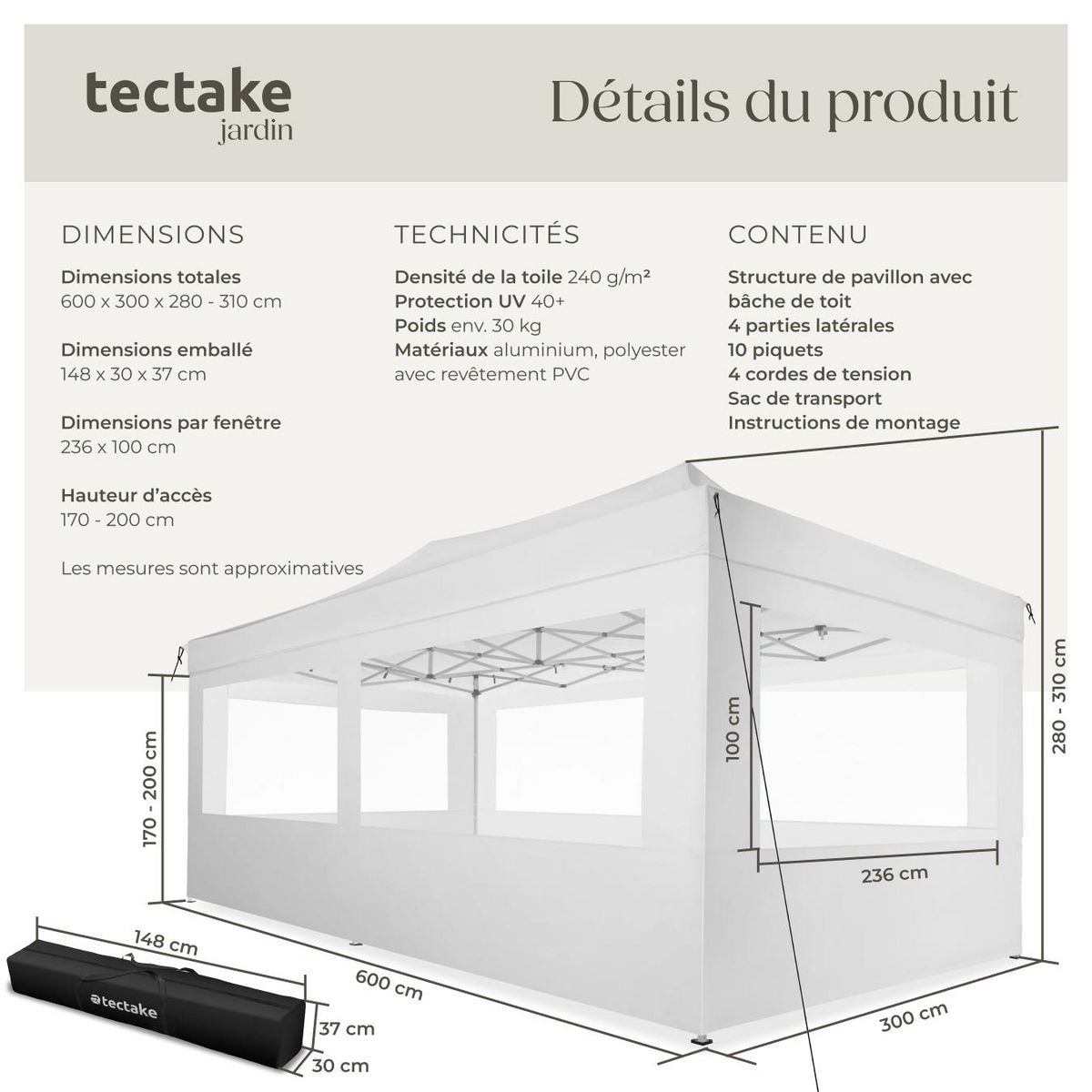 tectake Pavillon de jardin avec cadre en aluminium blanc