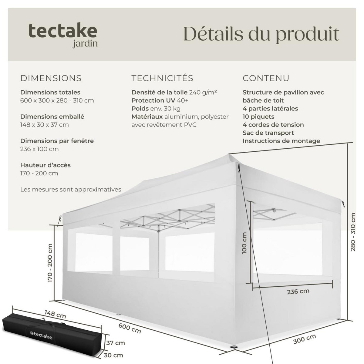 tectake Pavillon de jardin avec cadre en aluminium blanc