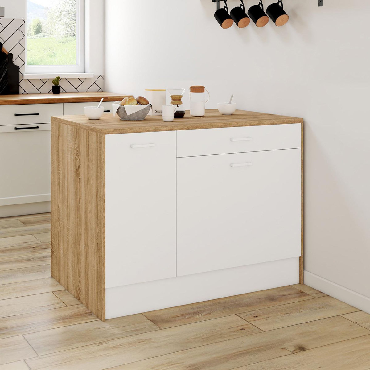 ID MARKET Ilot central LIO maxi capacité de rangement bois et blanc