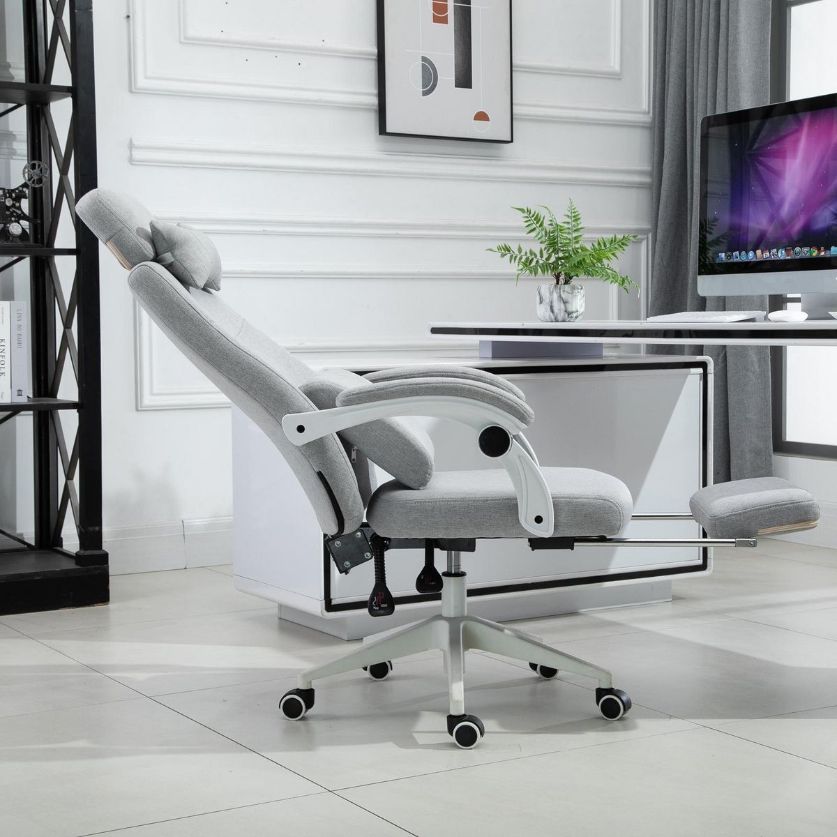 VINSETTO Fauteuil de bureau manager grand confort dossier réglable repose-pied coussin lombaire roulettes 360° lin 62L x 68P x 127H cm gris